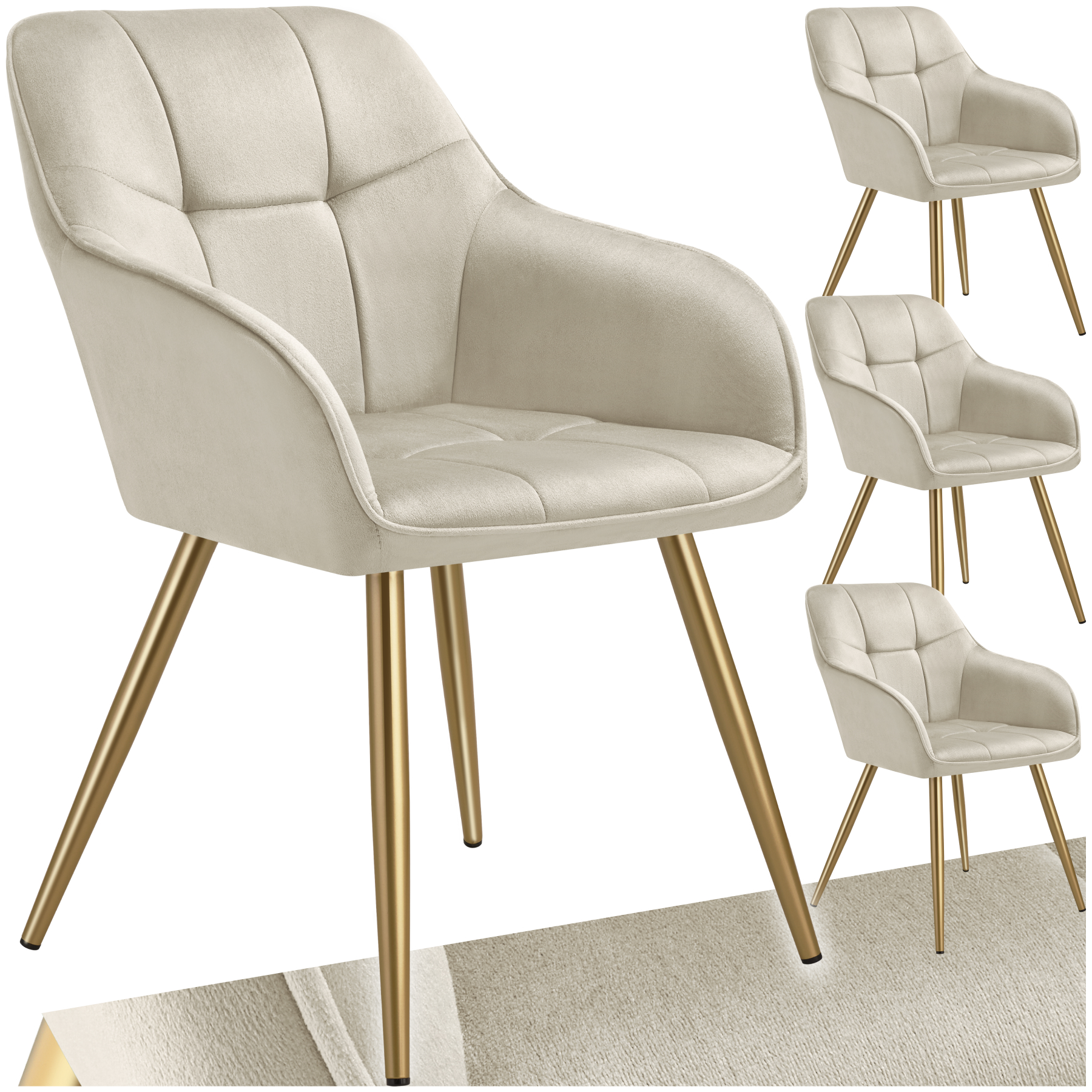 Chair Marilyn - quilted velvet look, continuous backrest, golden steel legs - cream/gold, Set of 4 | tectake