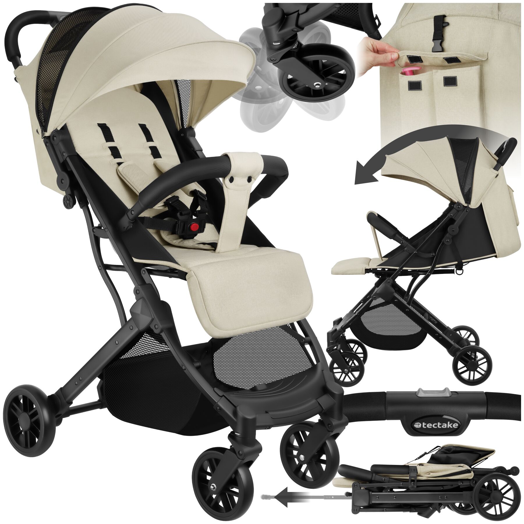 Buggy-Kinderwagen Finn, klappbar, 5-Punkt-Gurt - grau/beige