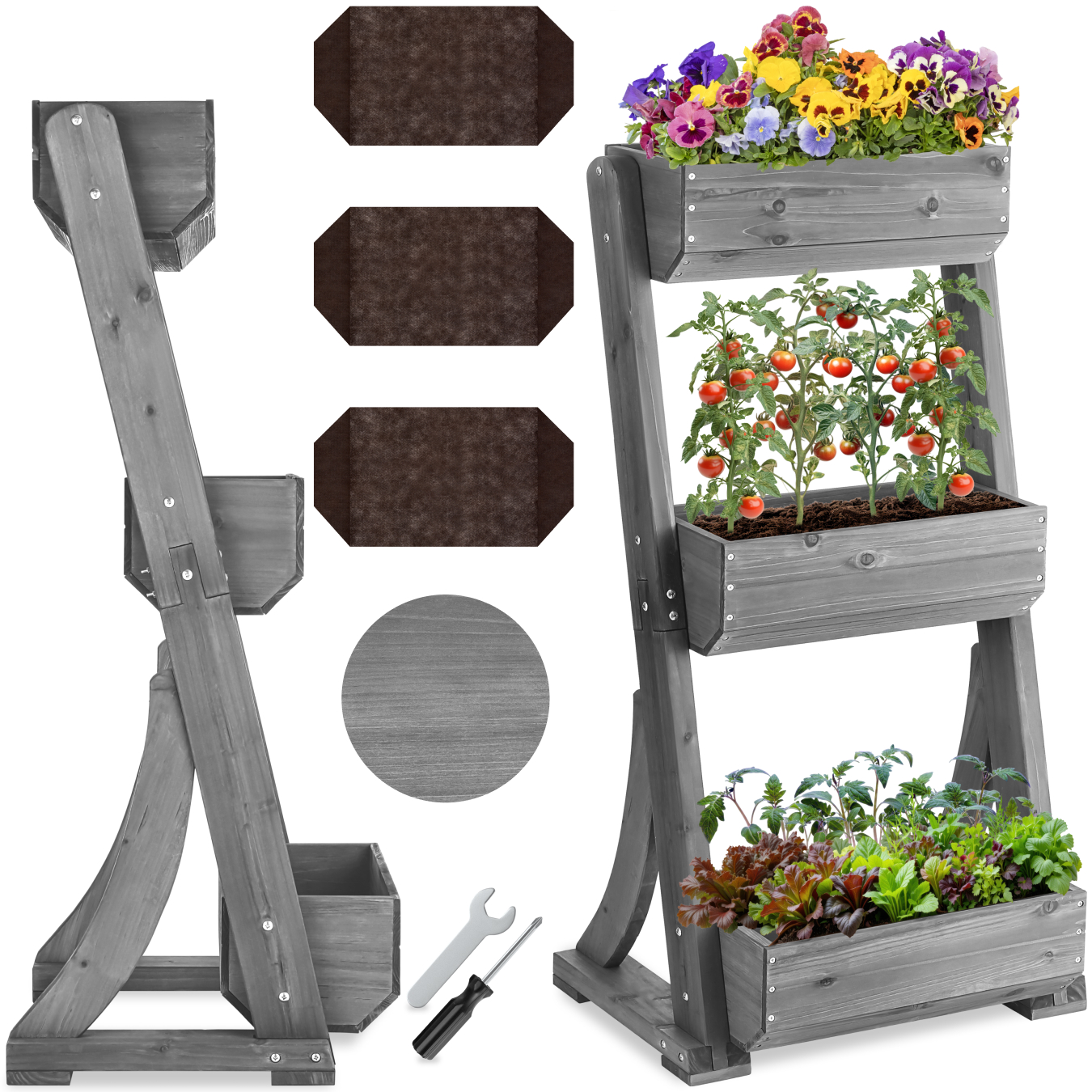 Jardín vertical FLORA, madera lacada, incluye velo para plantas - gris, 60 x 49 x 140 cm | tectake