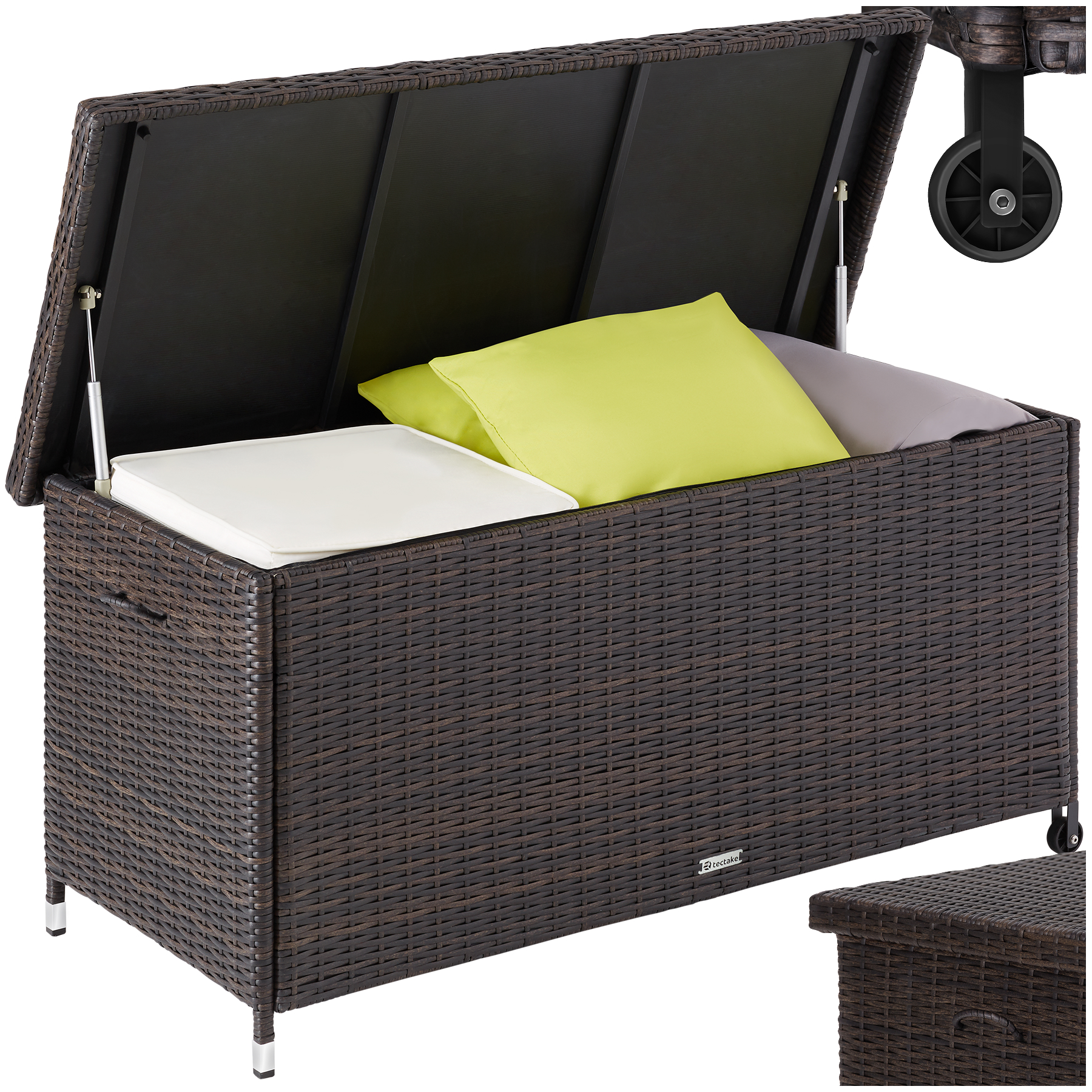 Auflagenbox Kiruna mit Kunststoffgeflecht, 120x55x61,5cm, 270l - braun - Rattanmöbel von tectake
