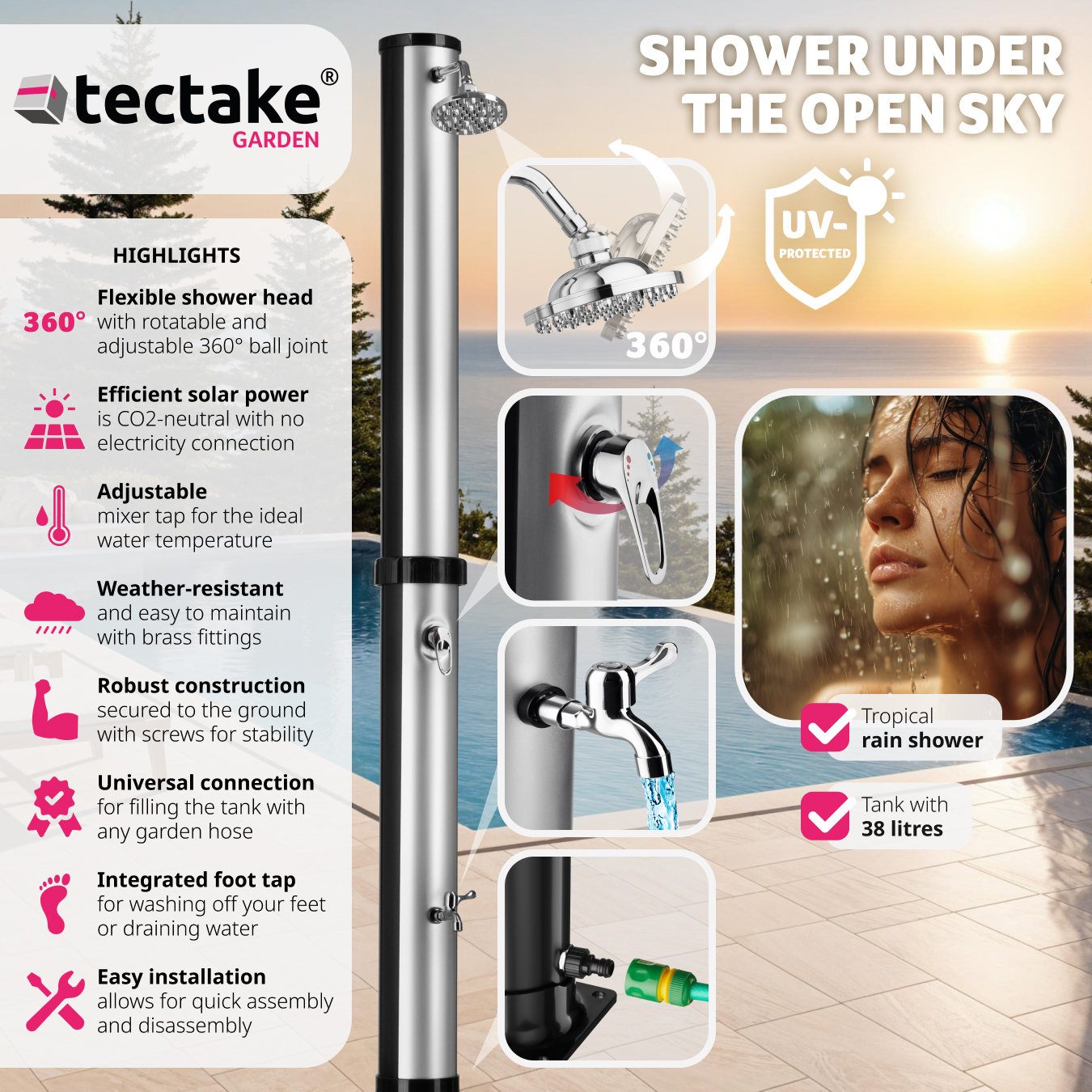 Solar shower 38 litre outdoor garden portable camping rain shower head - Picture 15 of 25