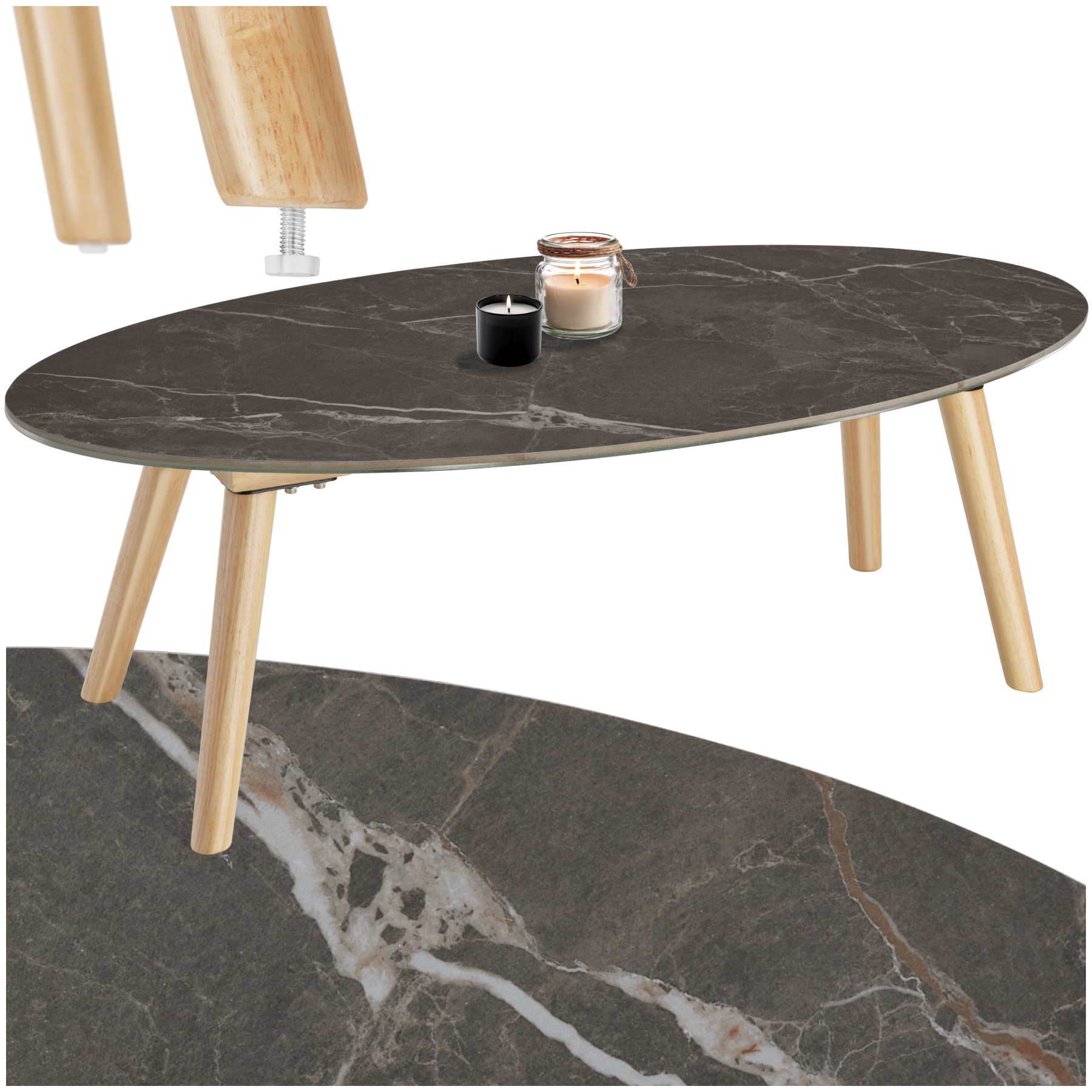 Ovaler Couchtisch Acerra, Marmoroptik 100x50x34,5 cm - natur