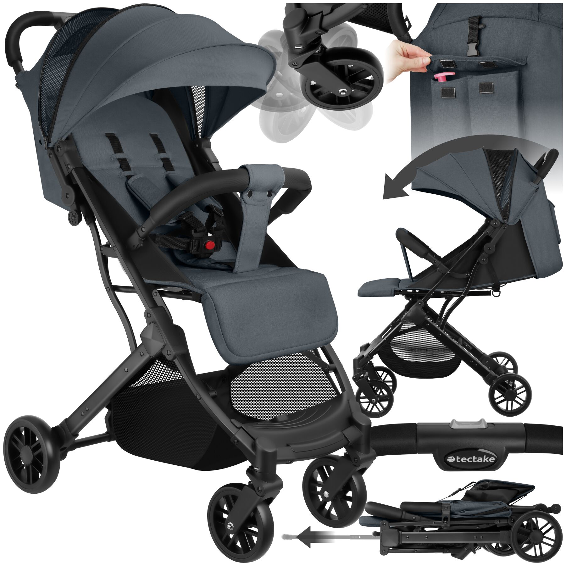 Pushchair Finn - foldable, 5-point harness, one-hand folding, easy-care fabric - anthracite | tectake