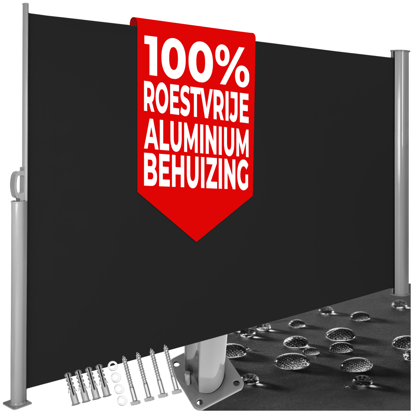 Uitschuifbare aluminium zijmarkies met oprolmechanisme - 300.00 x 160.00 x 10.00 cm, zwart | tectake