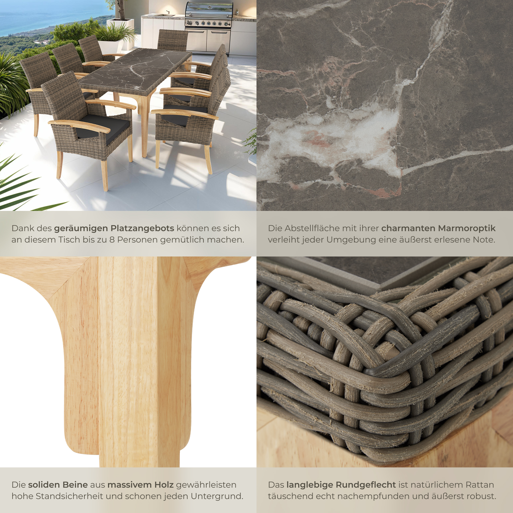 Alu Rattan Tisch Gartentisch Esstisch Terrassentisch in Marmoroptik Holzbeine