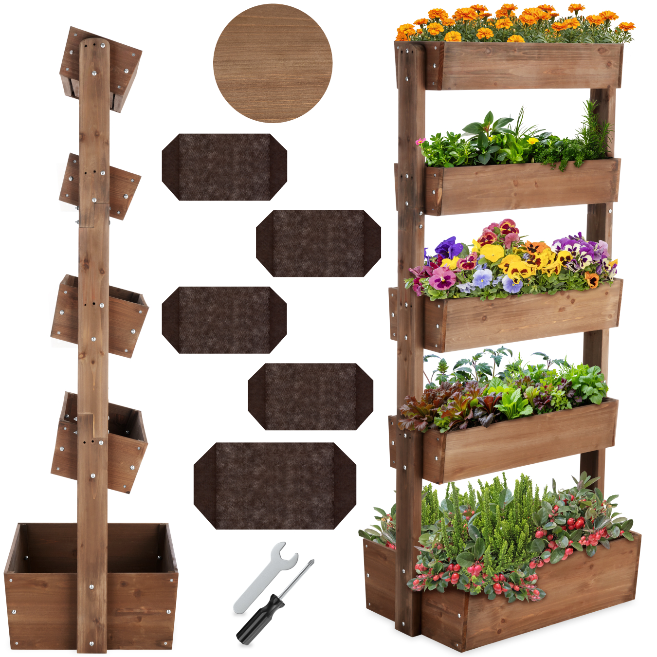 Jardinière verticale FLORA en bois laqué avec toile de paillage - marron, 81 x 52 x 180 cm