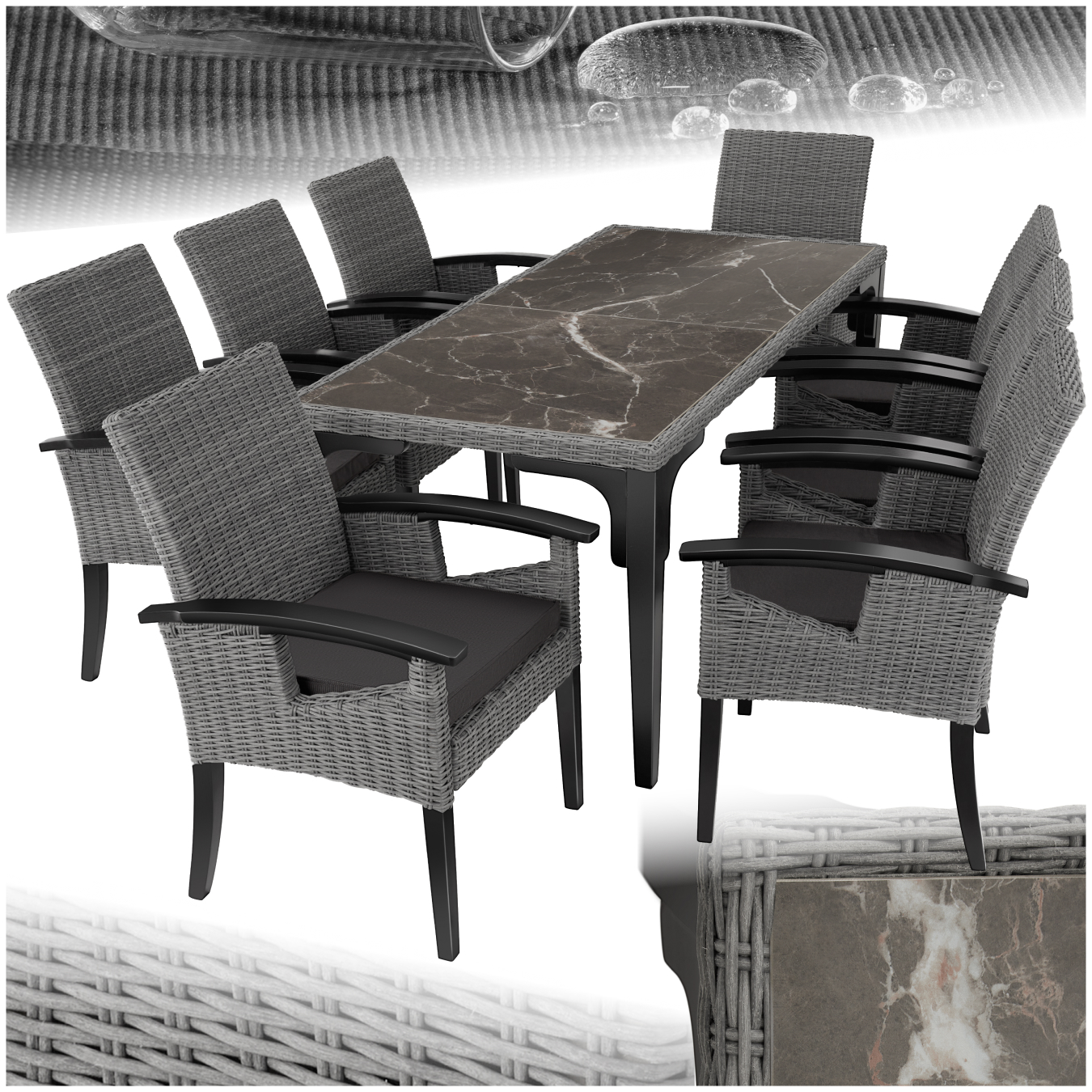 Table en rotin Foggia avec 8 chaises - gris