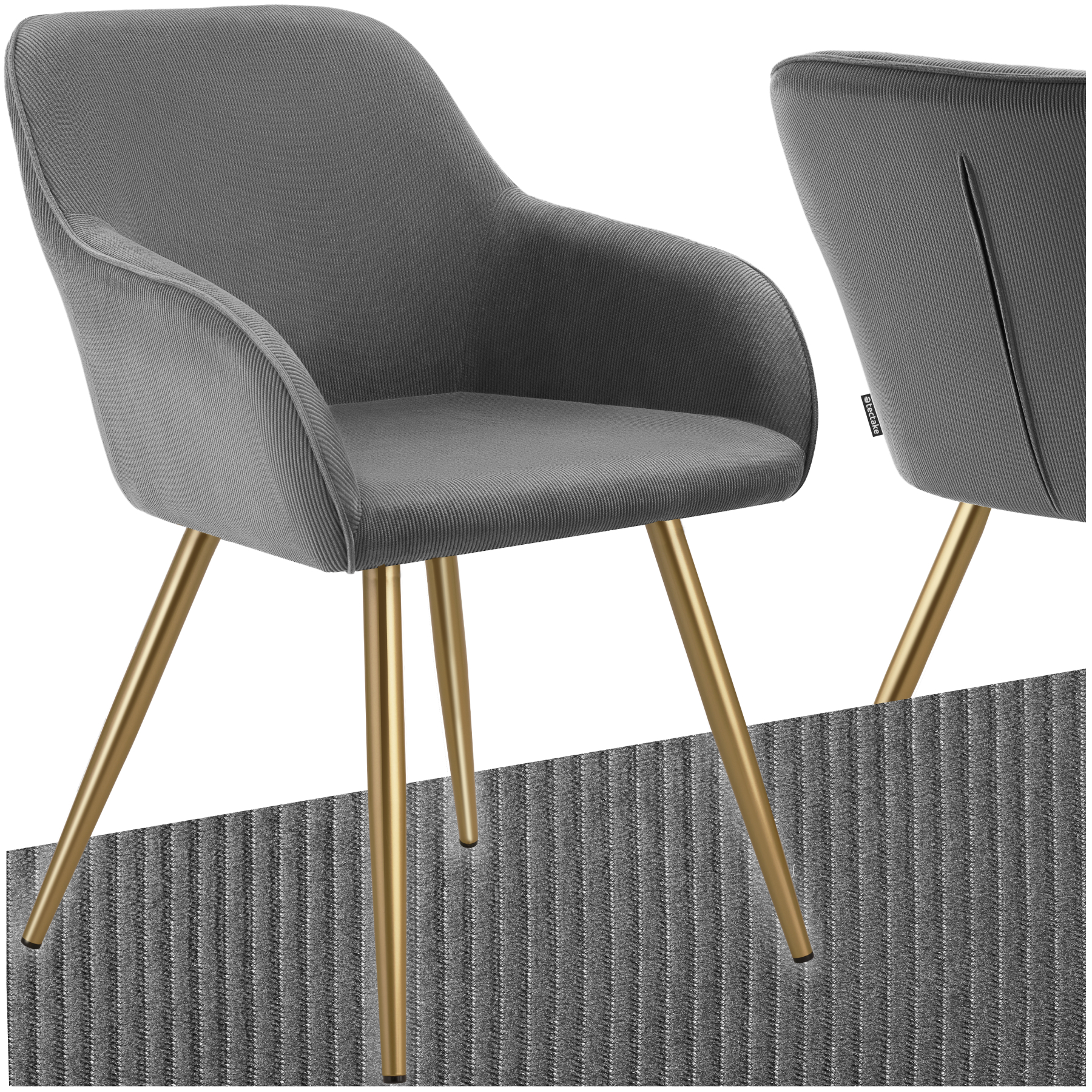 Dining Chair Marilyn - corduroy look, upholstered, armchair, continuous backrest - grey/gold, per piece