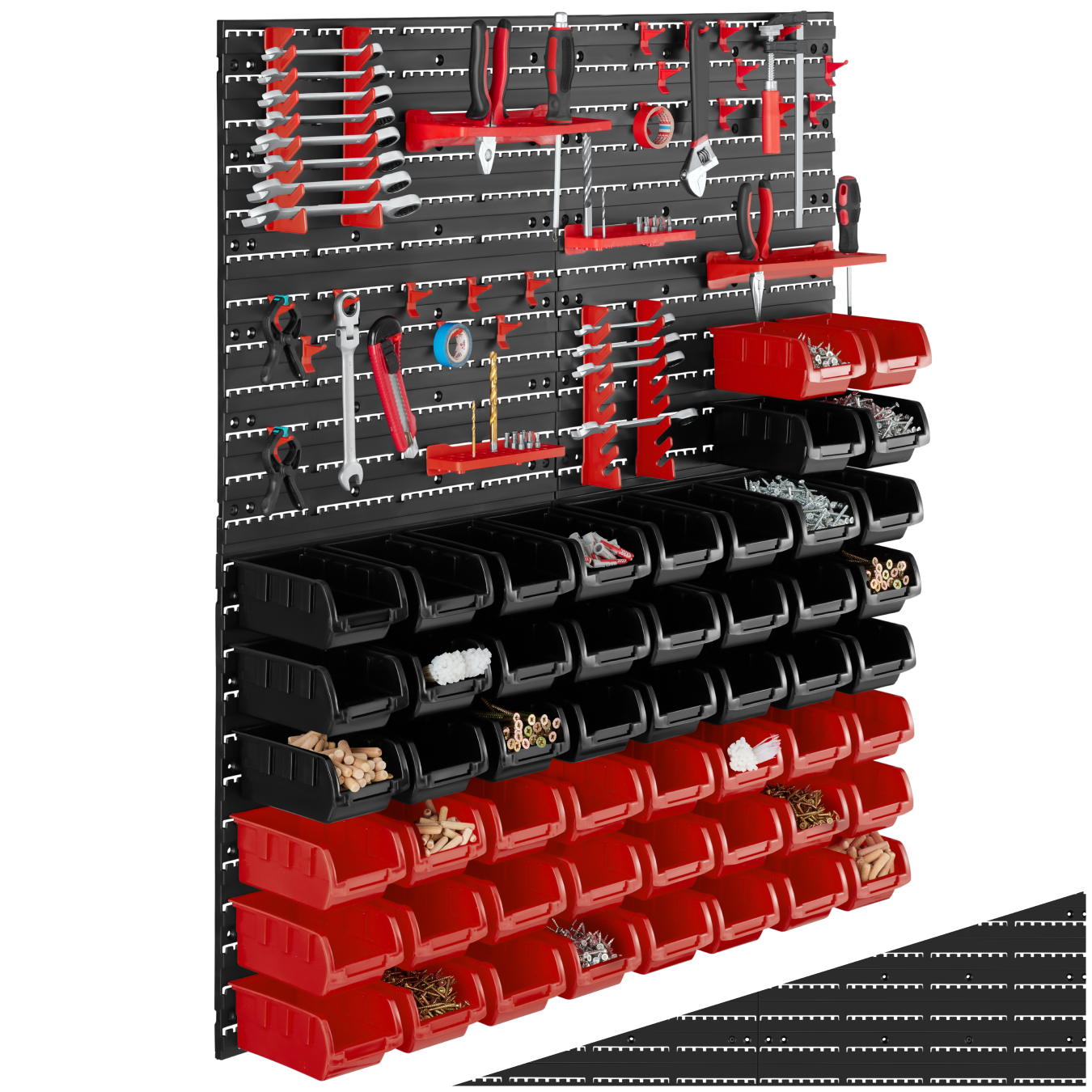 Small parts organiser with 28 stacking boxes and tool holders - Set of 2