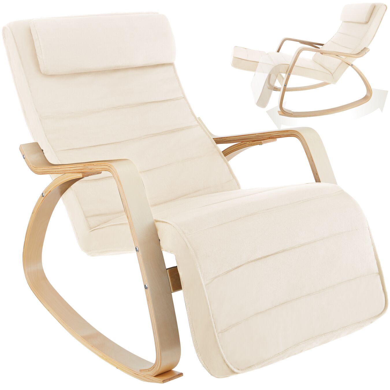 Rocking Chair Onda - with armrests, comfortable padding with pillow, 5-step adjustable footrest - beige