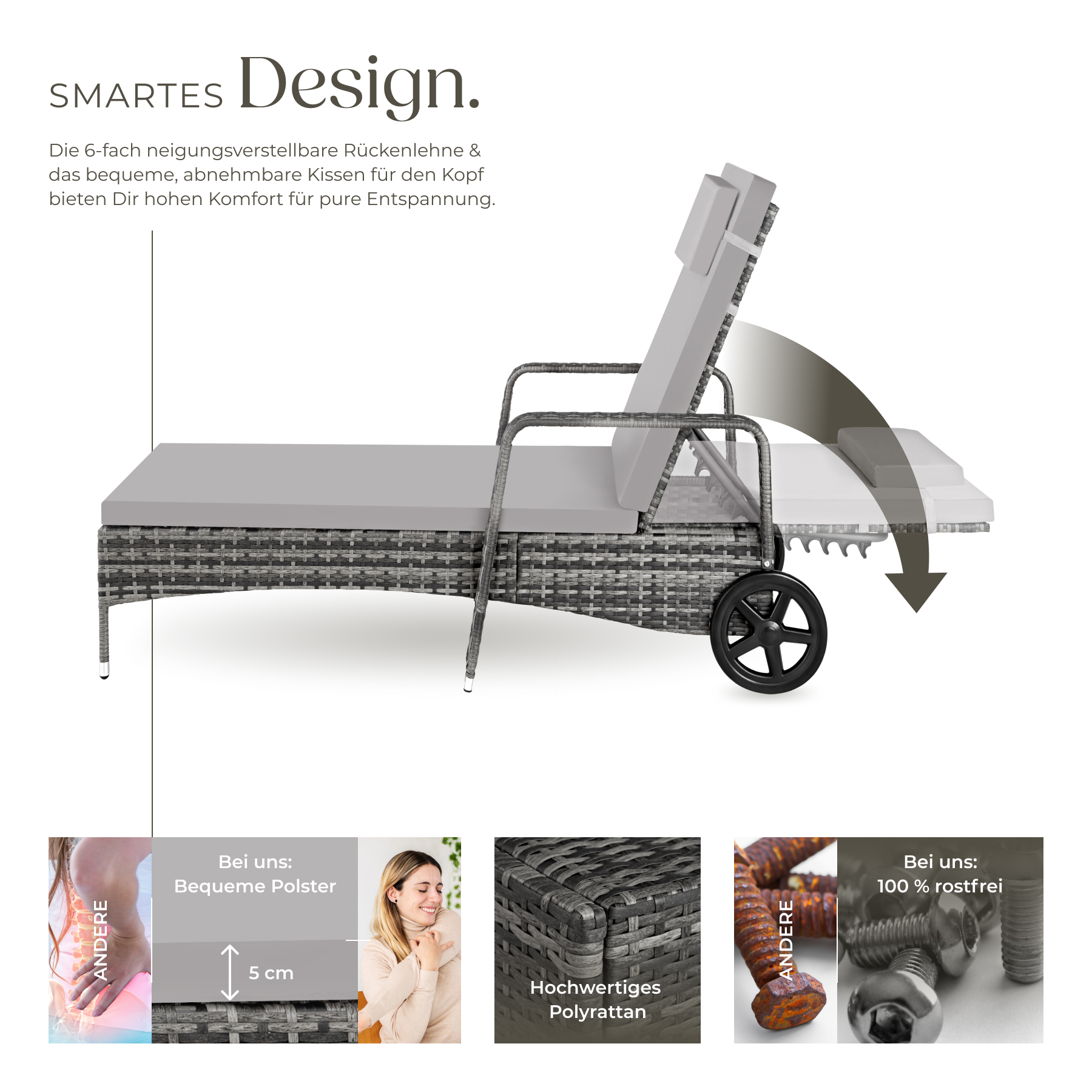 Sonnenliege klappbar Gartenliege Polyrattan Liegestuhl Strandliege robust 200 cm - Bild 112 von 145