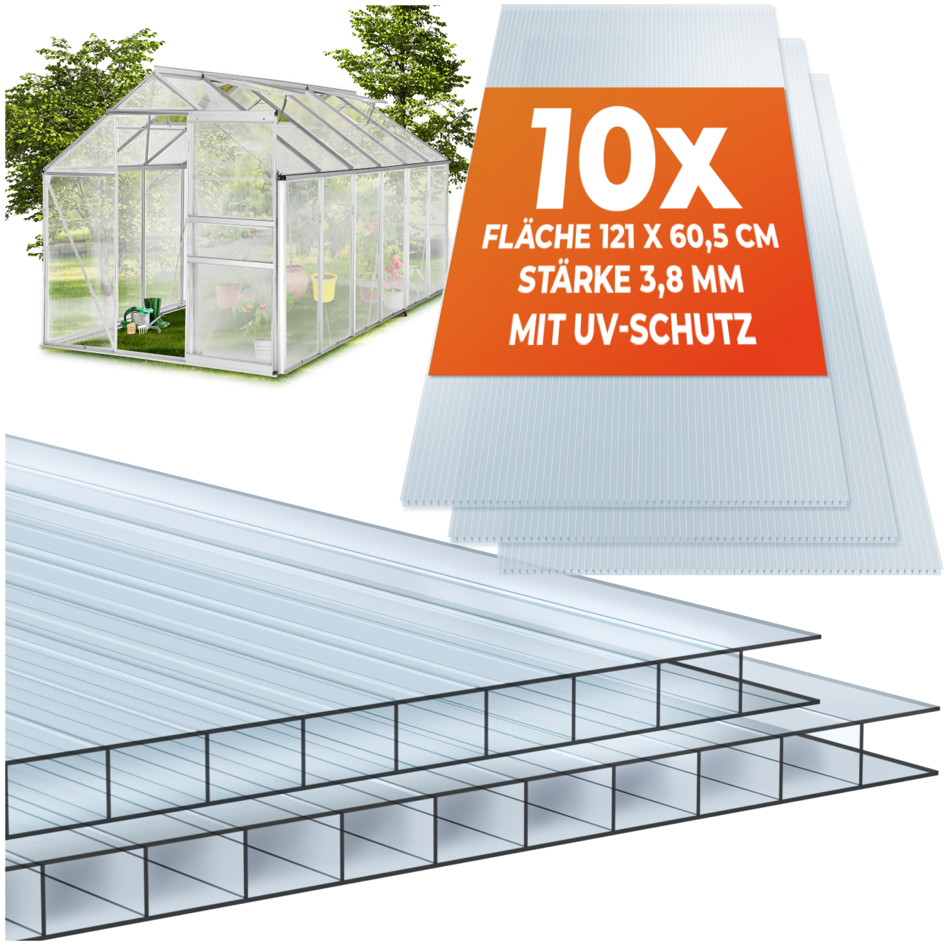 10 Doppelstegplatten Shiny aus Polycarbonat, zuschneidbar - 121 x 60,5 x 0,4 cm von tectake