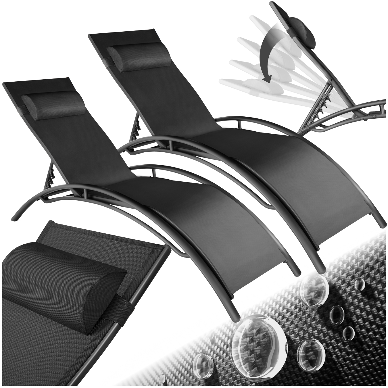Sun Lounger Set of 2 Alina - 5-step backrest, head cushion, aluminium frame - black