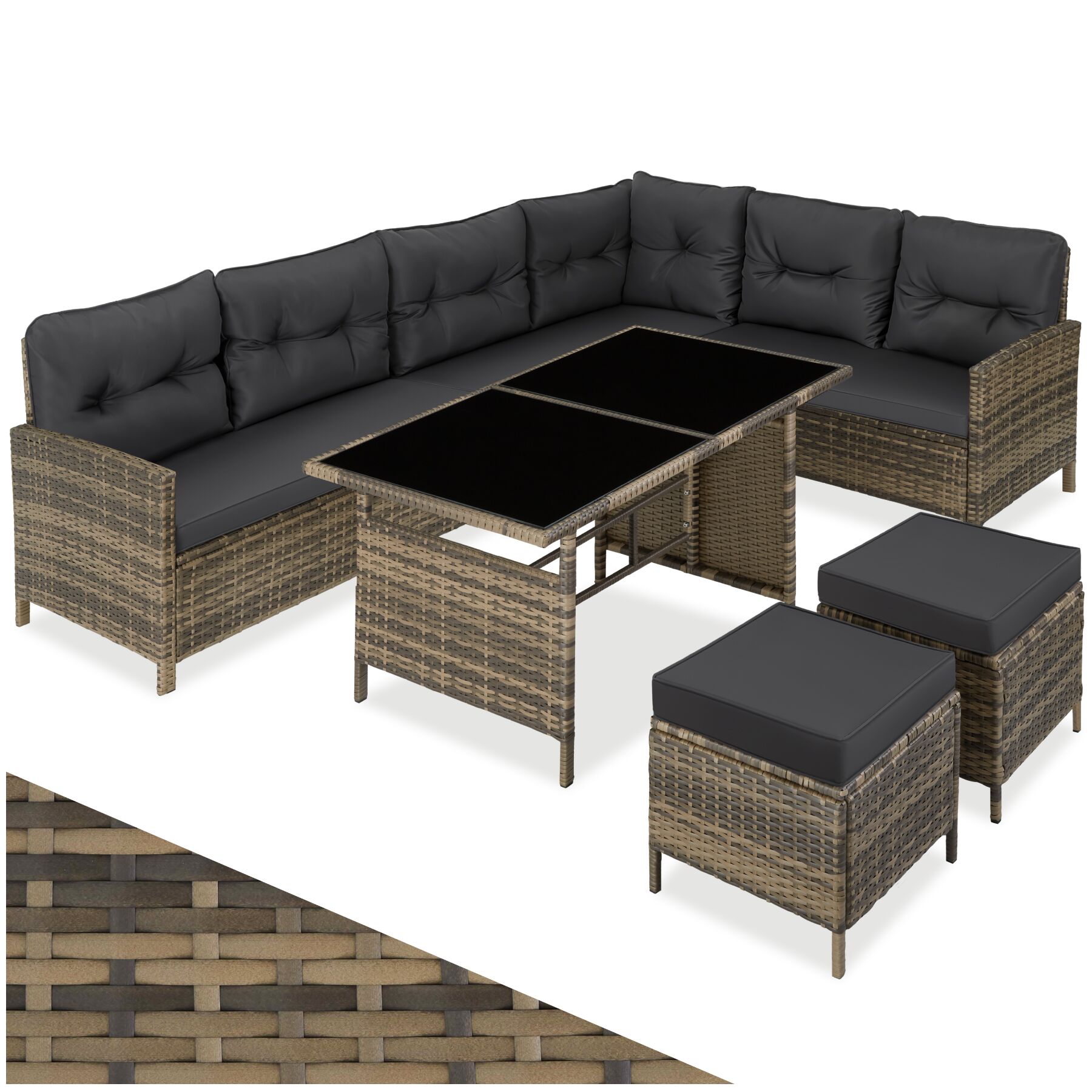 8 Seater Garden Furniture Set Barletta with Cushions, Footstools and Table - nature | tectake