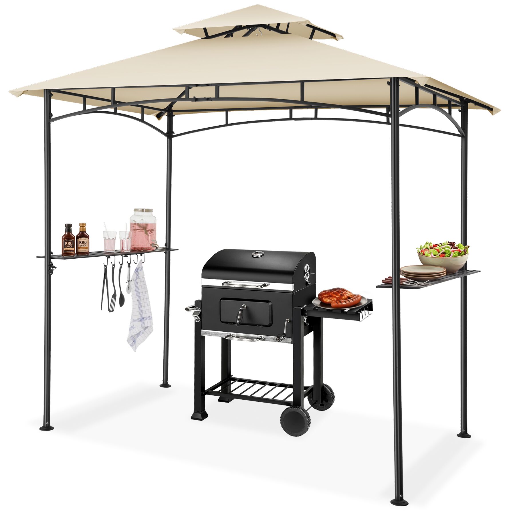 Grillpaviljong Maracaibo, väderbeständig, vindskydd, 2 hyllor - sand | tectake