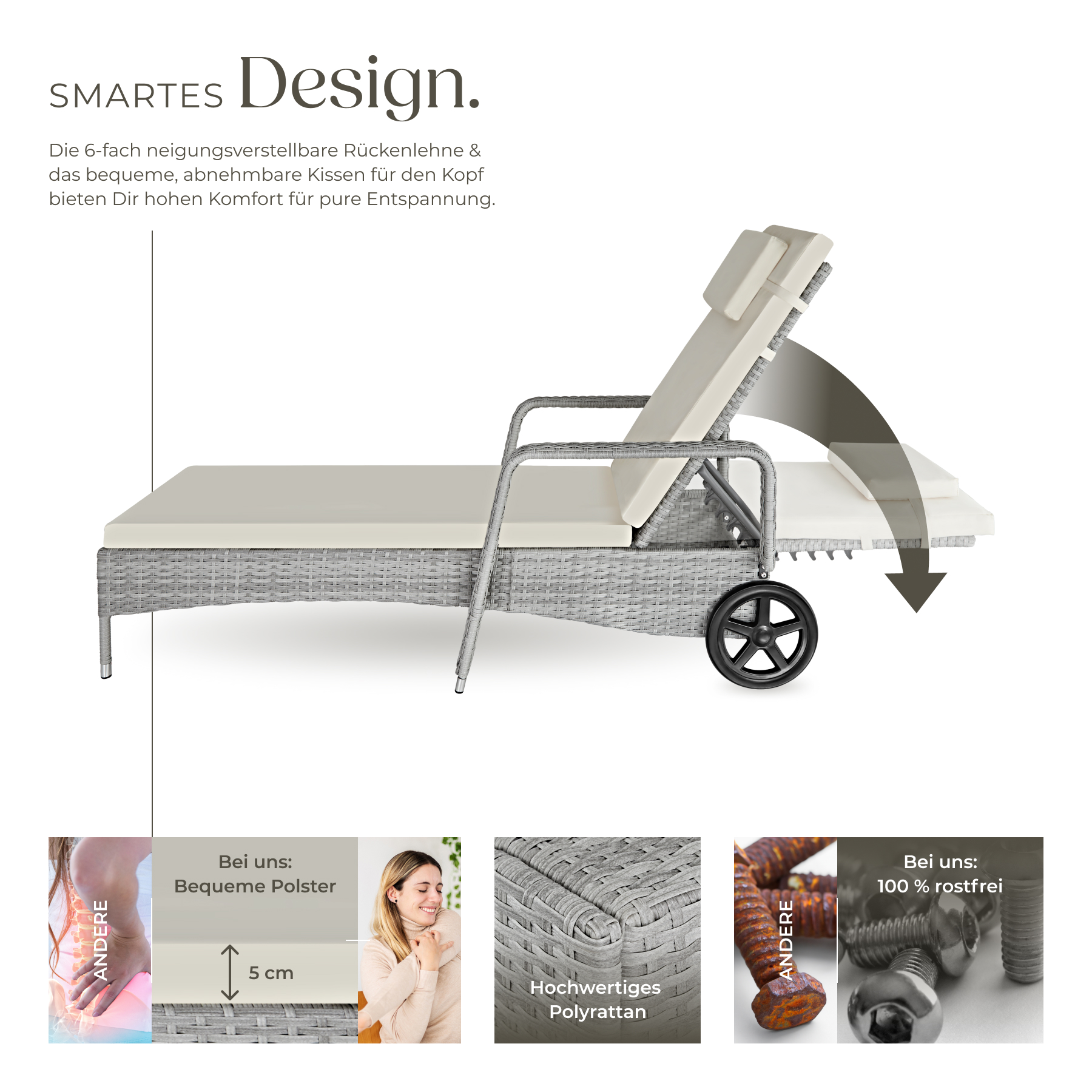 Sonnenliege klappbar Gartenliege Polyrattan Liegestuhl Strandliege robust 200 cm - Bild 136 von 145