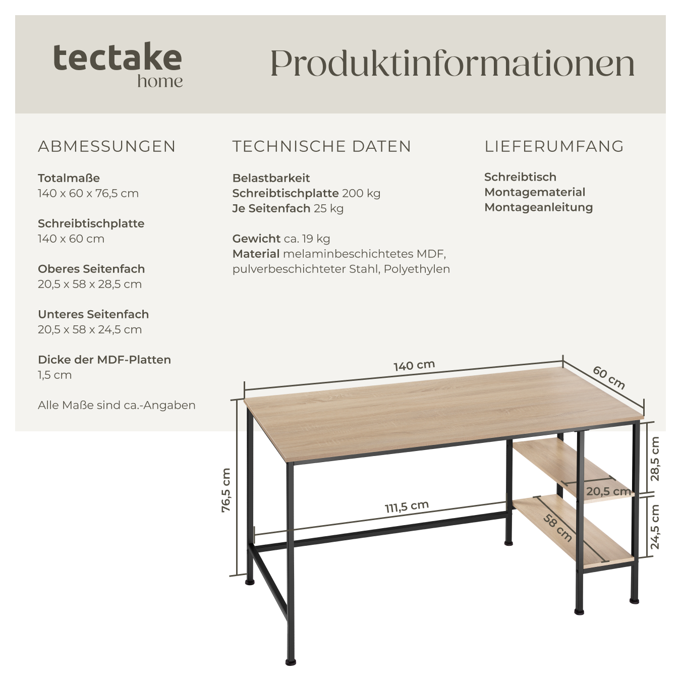 Schreibtisch mit 2 Regalebenen Büro Arbeitstisch Industrial Design 140 x 60 cm