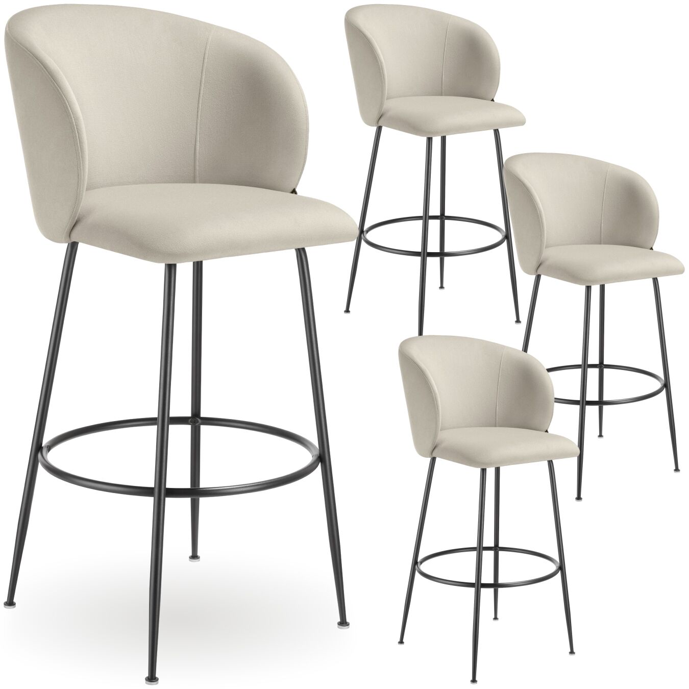 tectake - Bar Stool Luana - with backrest, velvet look and padded - cream/black, Set of 4
