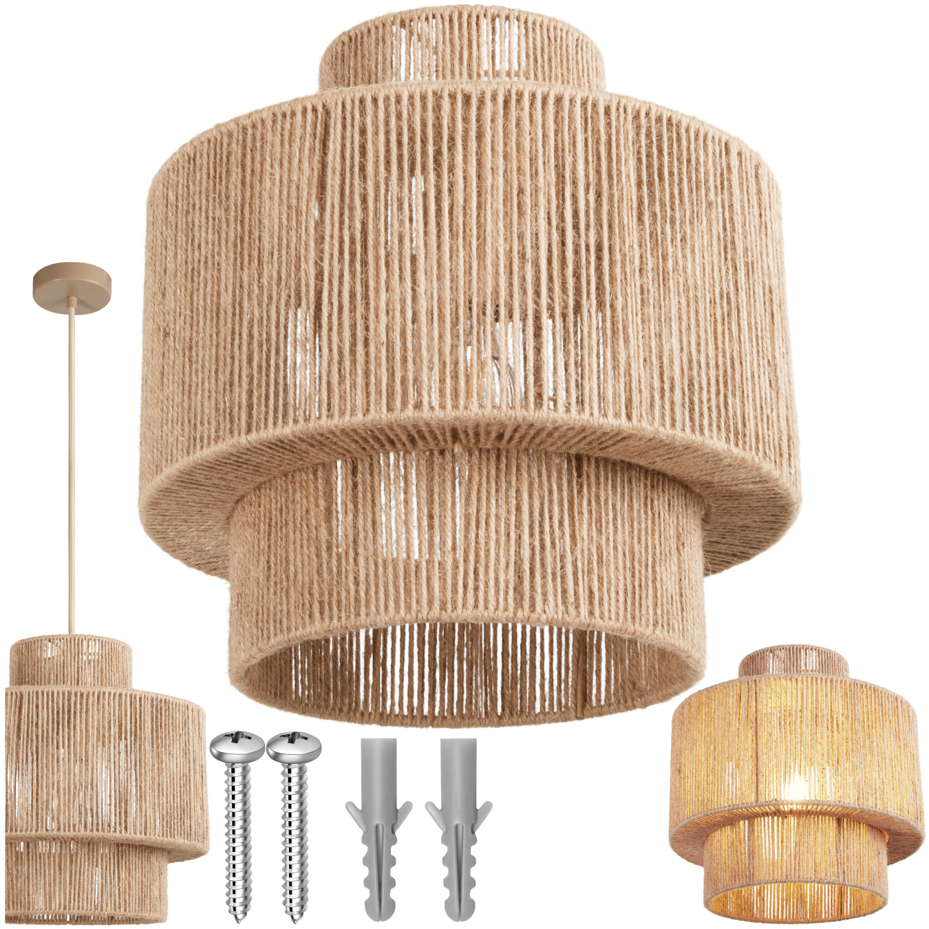 Pendant Light Allegra in 3 Tiers, Jute Fibre and Boho Chic Design - nature