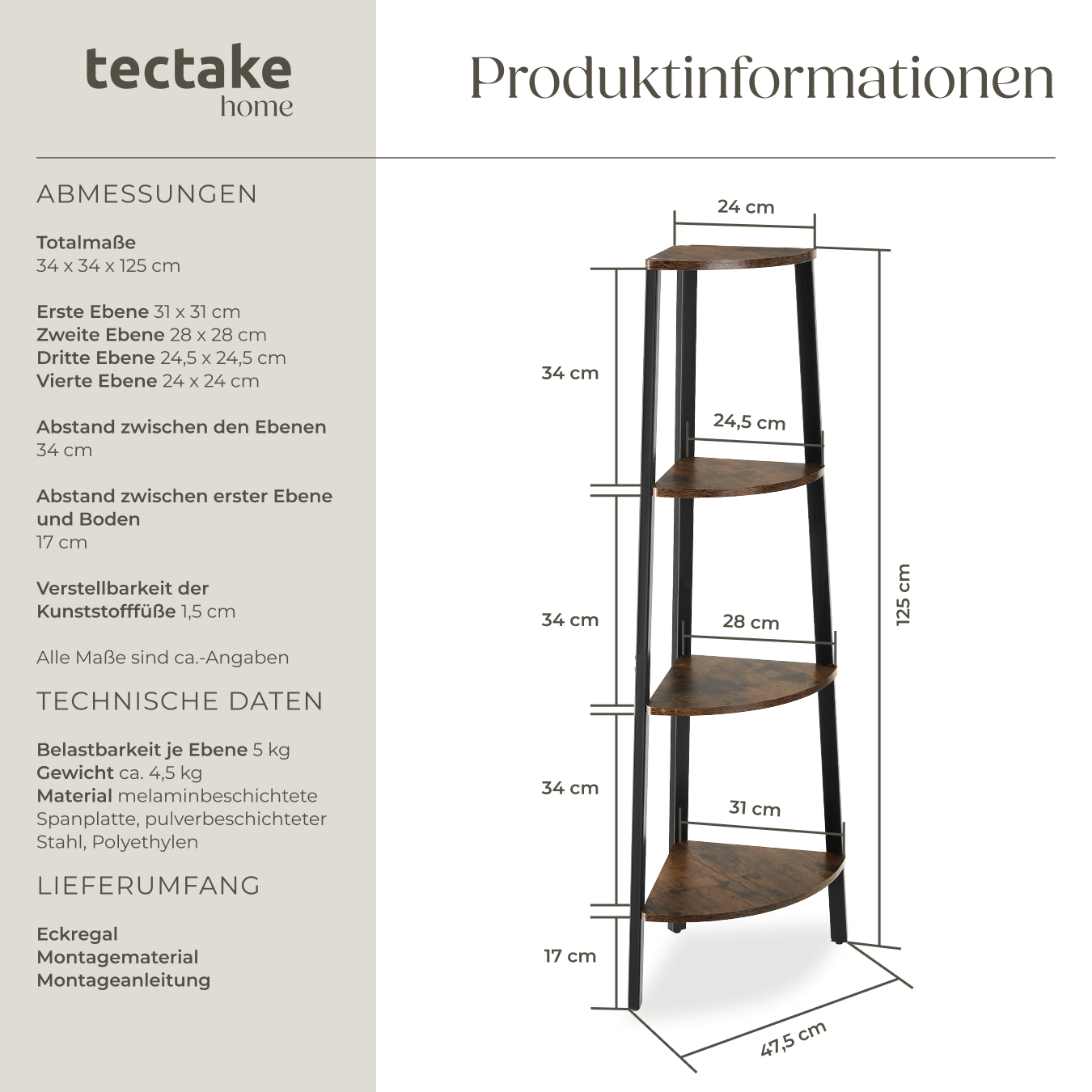 Eckregal Standregal Bücherregal Leiterregal Regal 4 Ebenen Holz Metall Industrie