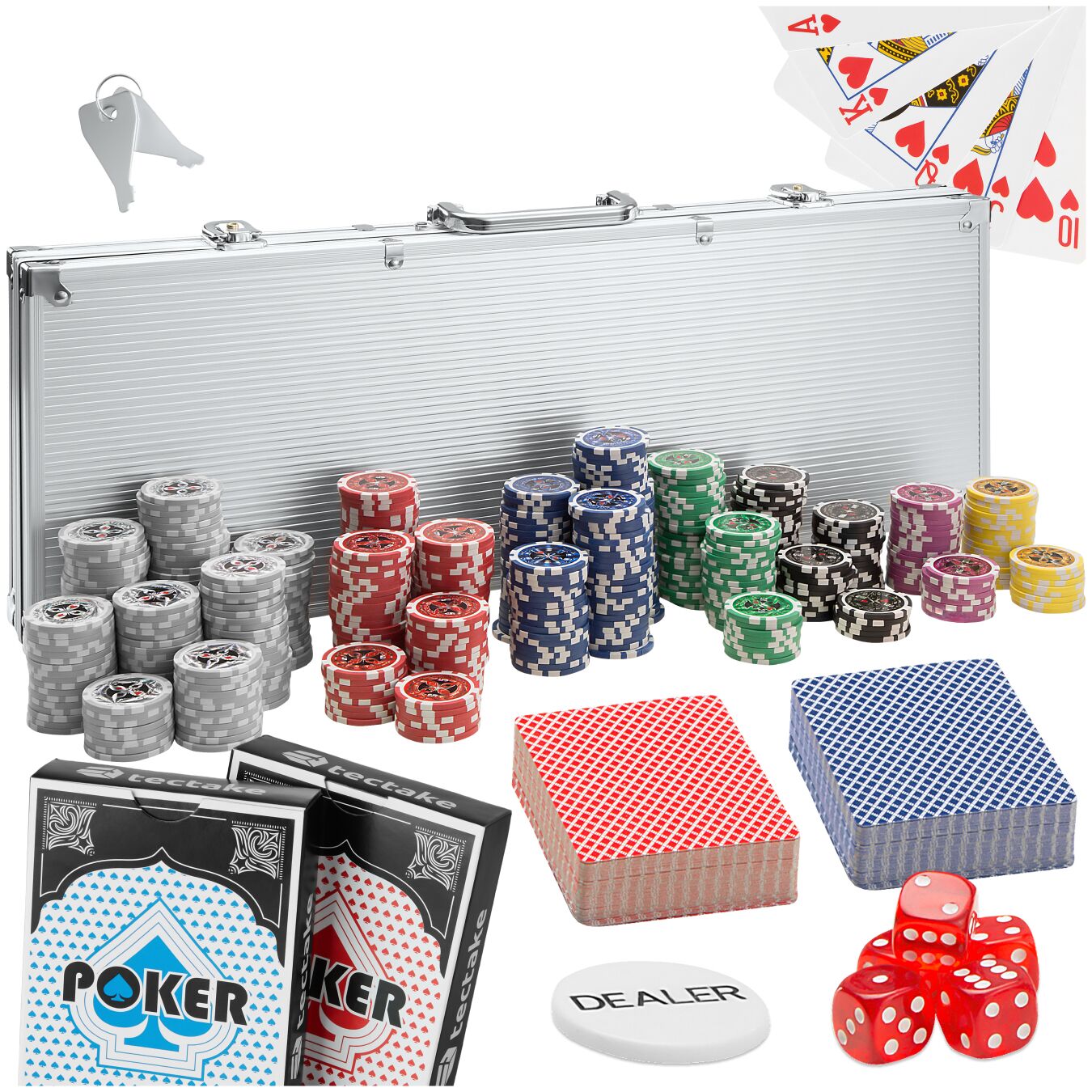 Poker Set Coloured Numbered Poker Chips Cards Deck Dice Dealer button Carry case - silver, 500 Pieces