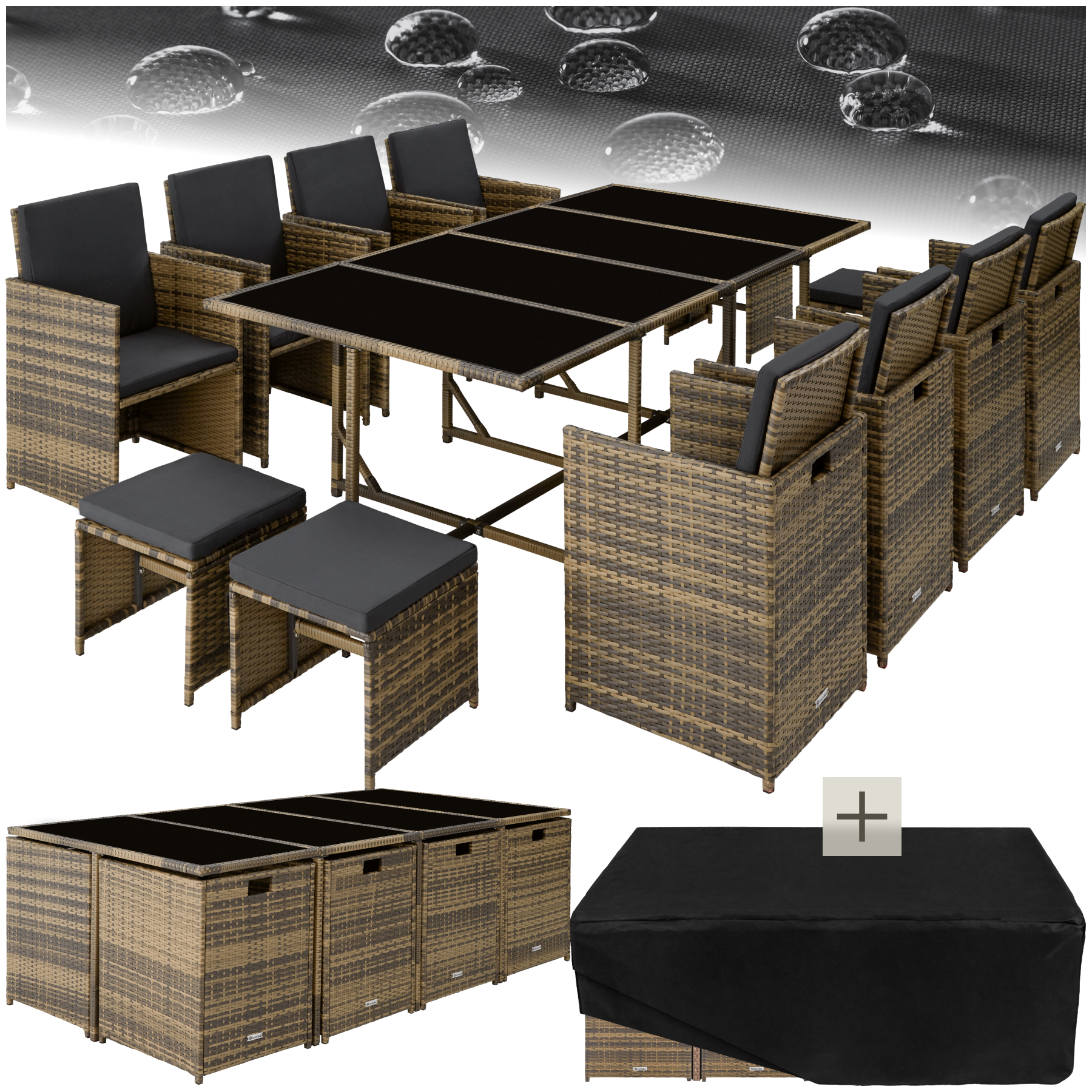 Rattan Sitzgruppe Palma 8+4+1 mit Schutzhülle - natur/dunkelgrau - Rattanmöbel von tectake