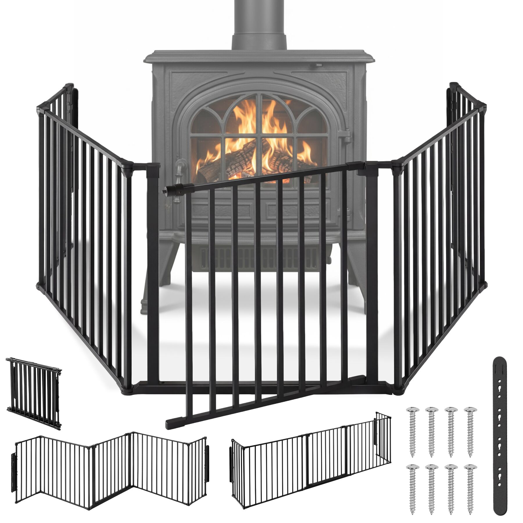 Kaminskydd med säkerhetsgrind, 5-delad justerbar konstruktion - svart | tectake
