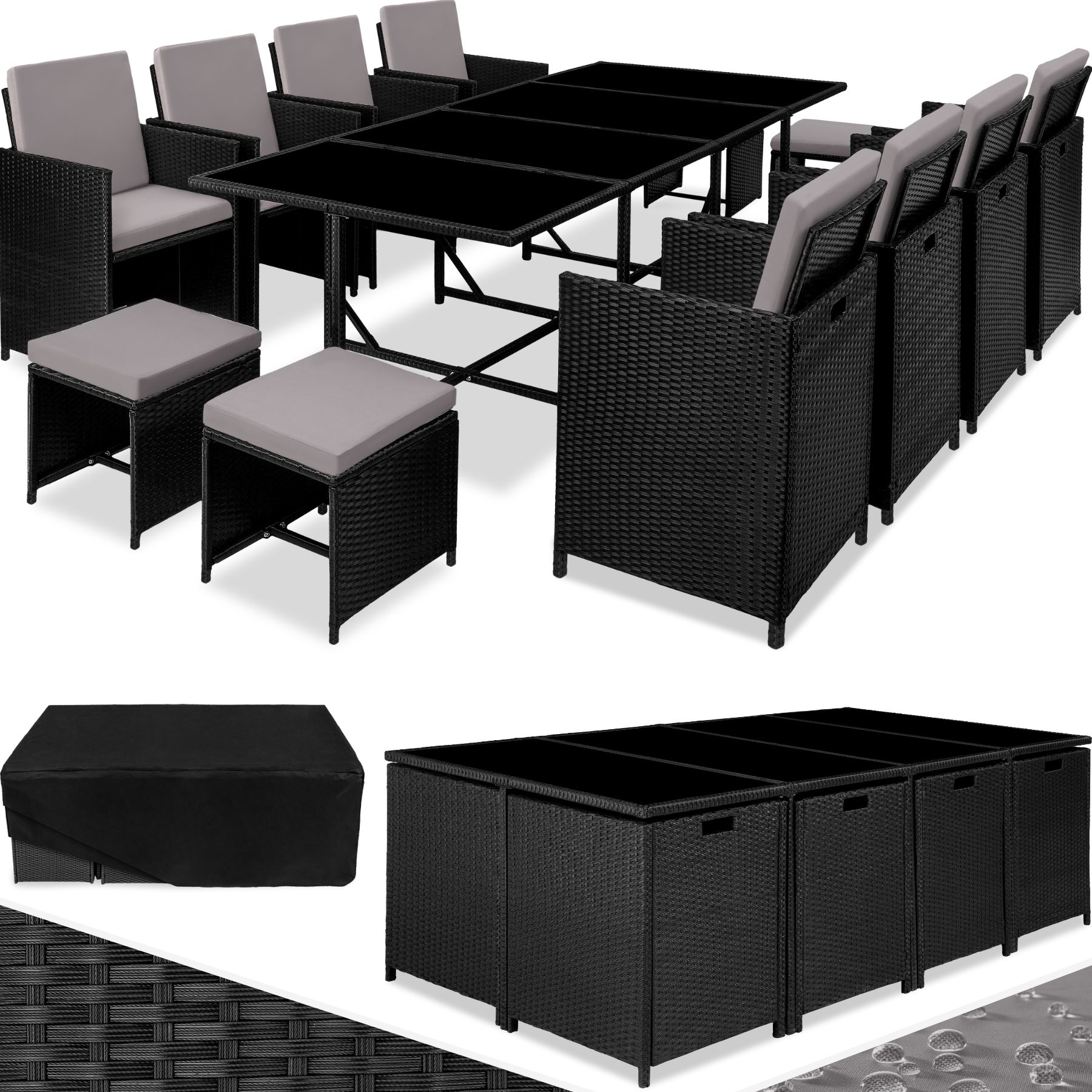 Conjunto de rattan PALMA composto por 8+4+1 - preto/cinzento
