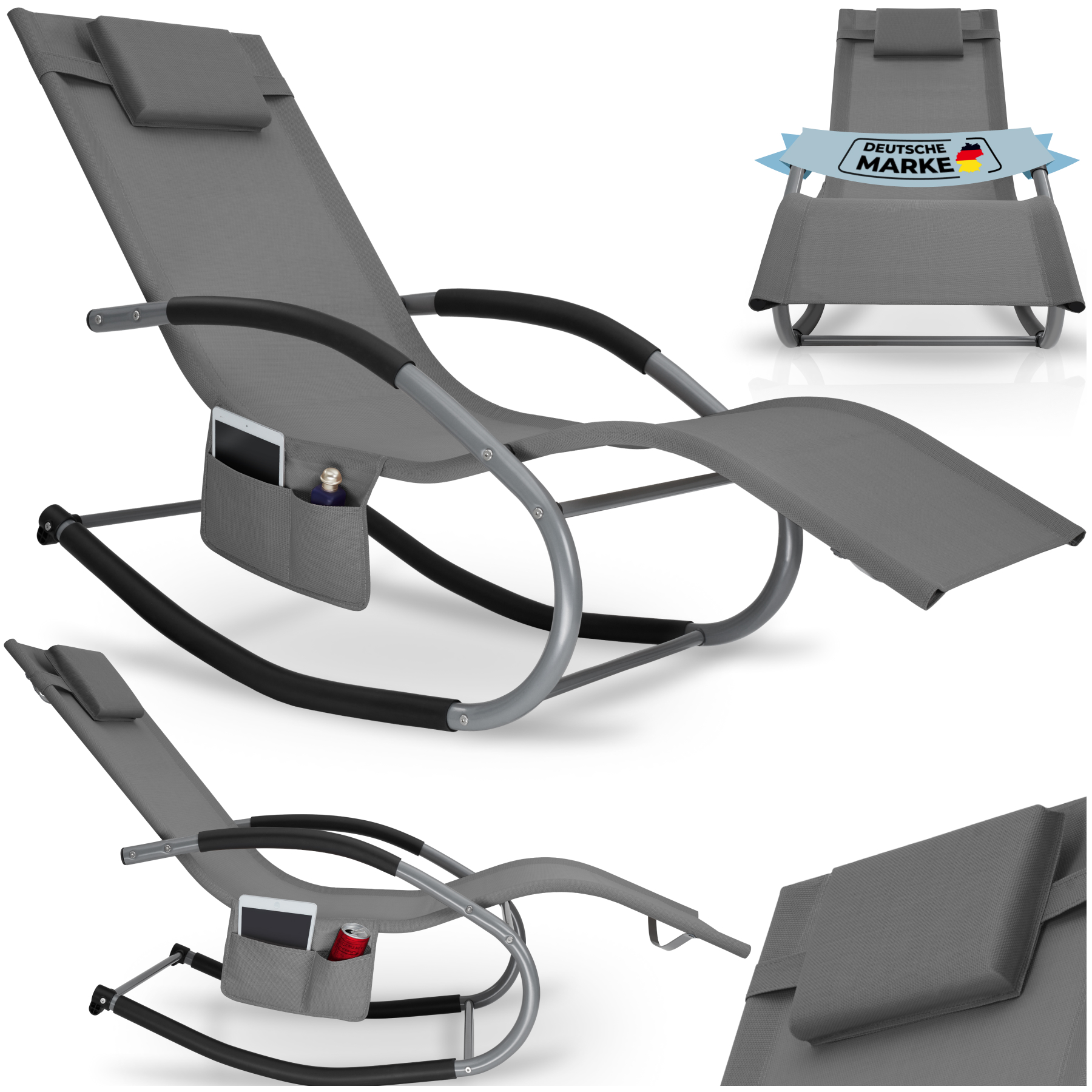 Chaise longue TAYA ergonomique avec fonction de balancement - gris, par pièce de tectake