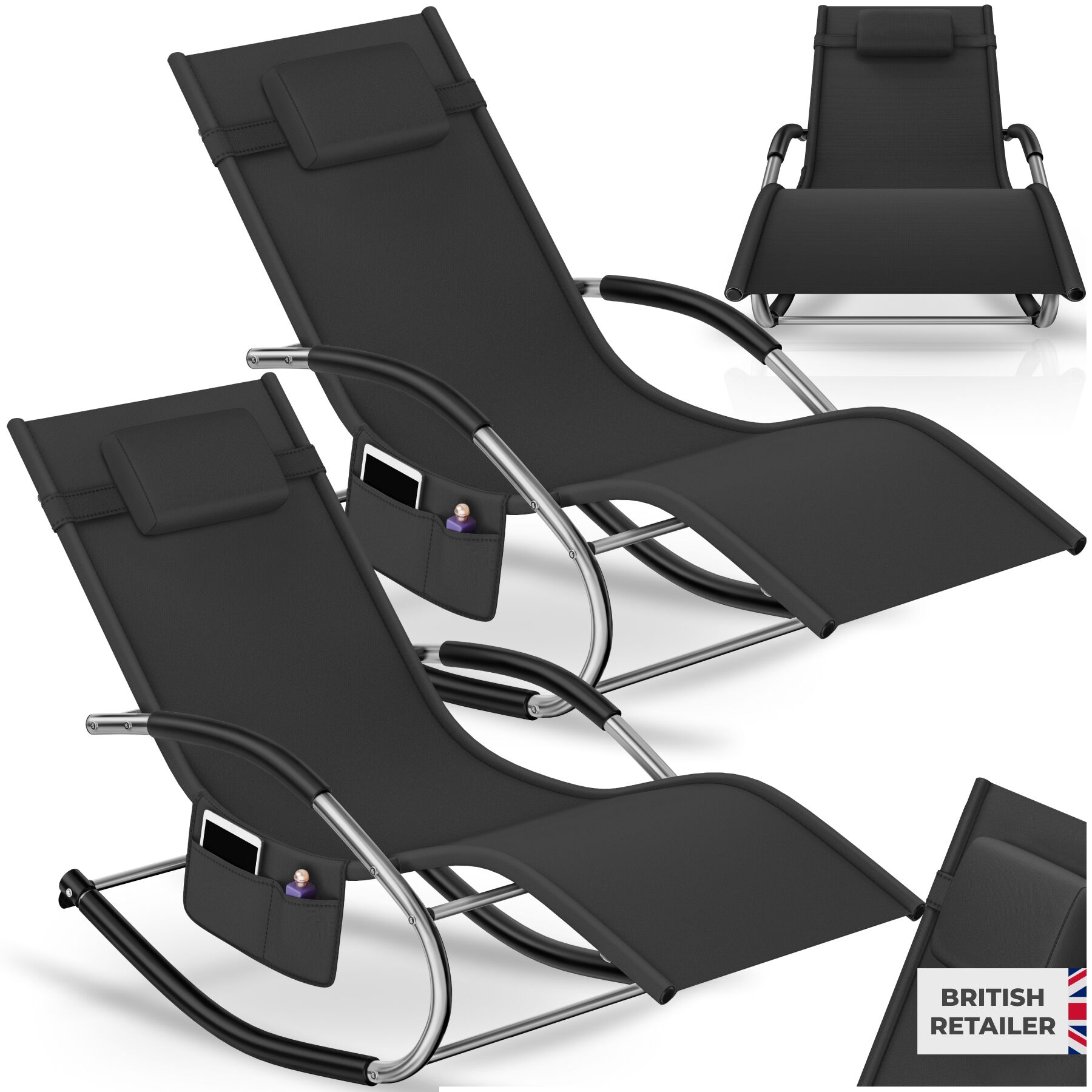 Sun Lounger Taya with a Modern Design, Rocking Function and Breathable Surface - black, Set of 2 | tectake