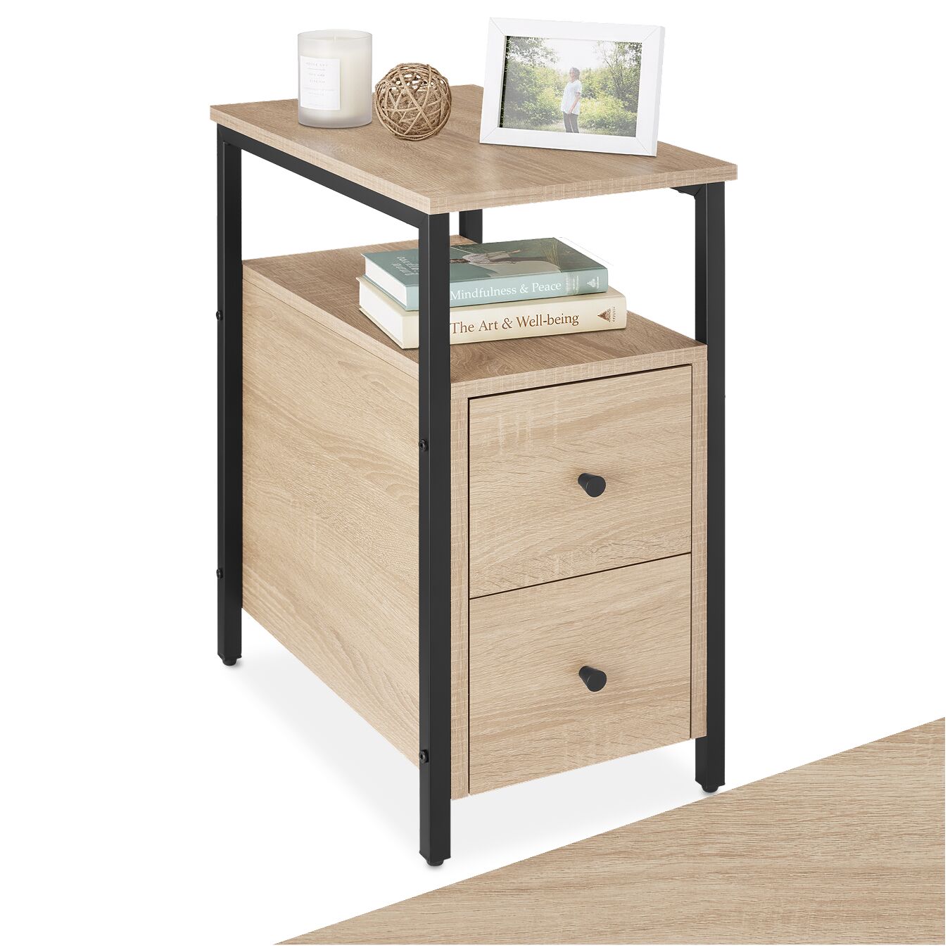 Bedside Table Tullamore - 2 shelves and 2 drawers - industrial wood light, oak Sonoma | tectake