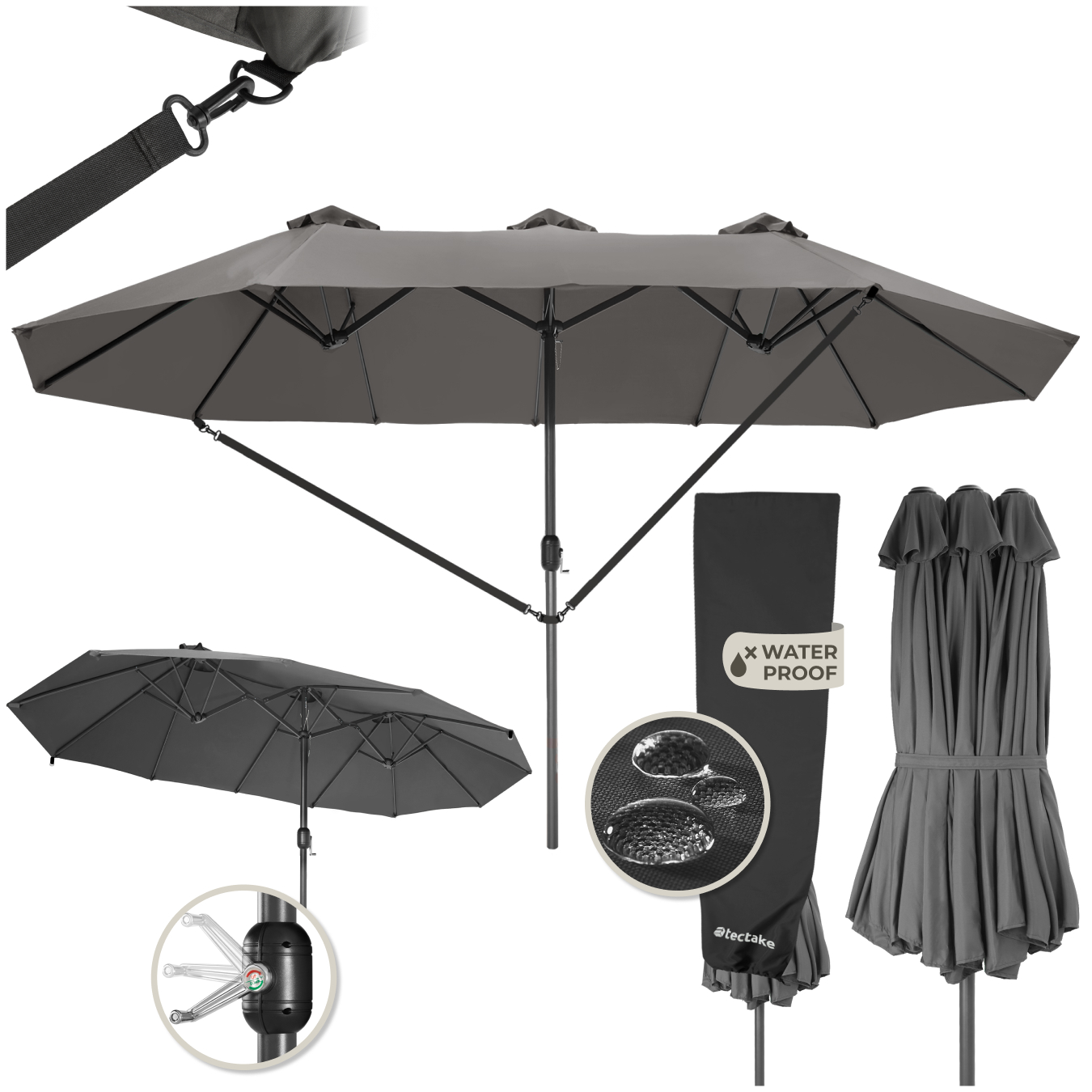 Dubbele Parasol Silia 460x270 cm met 3 windvakken - grijs | tectake