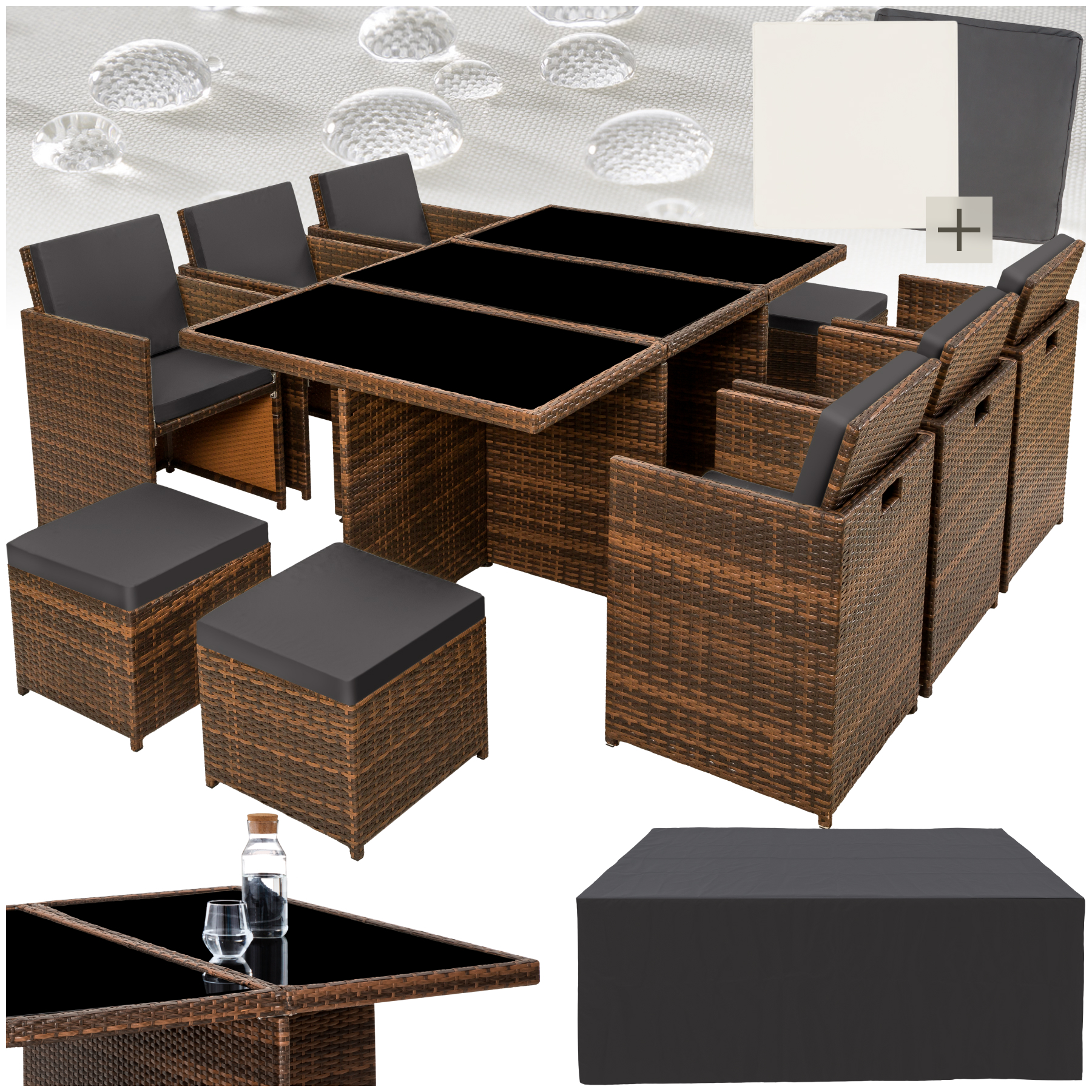 Wicker zitgroep New York 6+4+1 met aluminium frame en beschermhoes - zwart/bruin