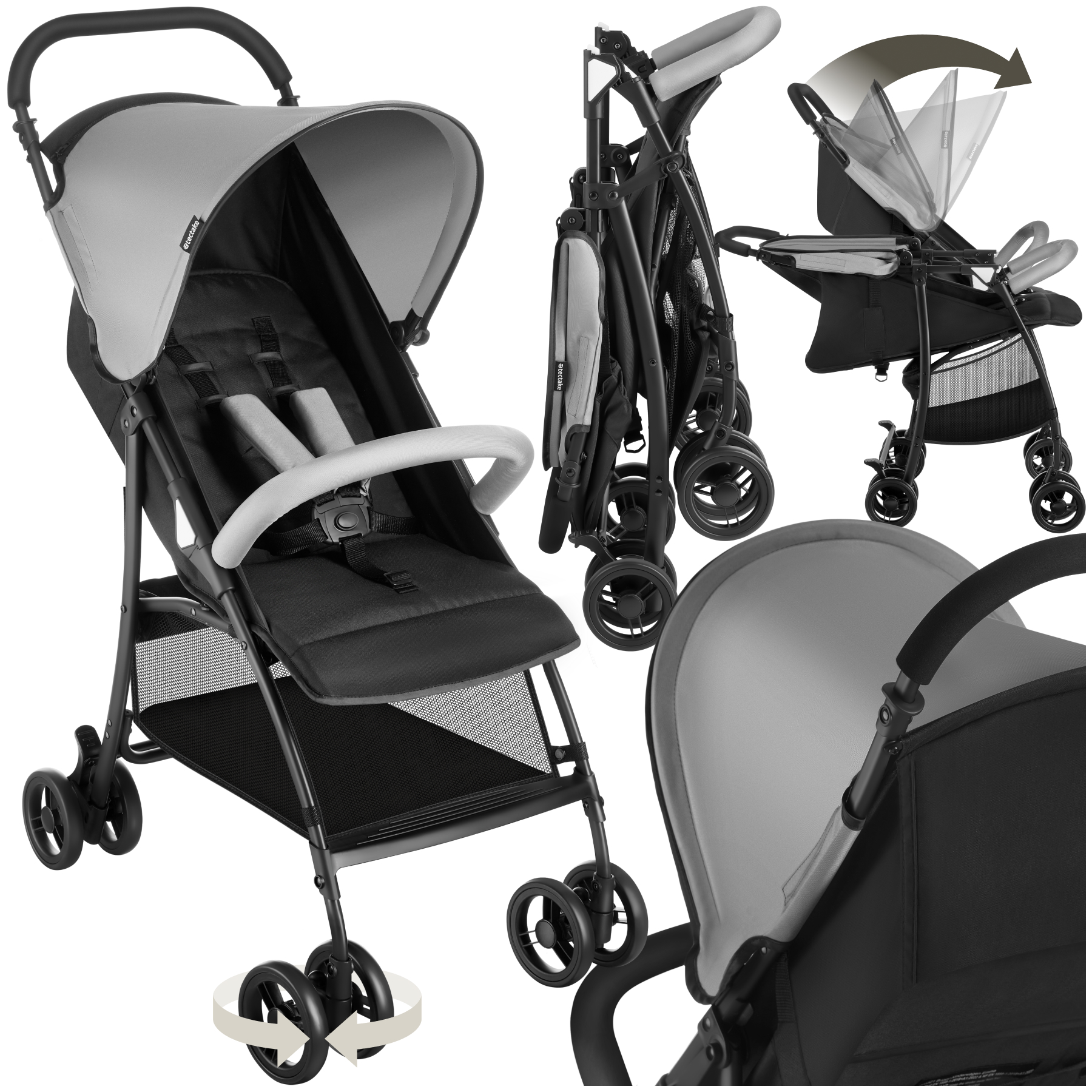 Carrito de bebé EMMA, plegable, arnés de 5 puntos con freno - negro/gris | tectake