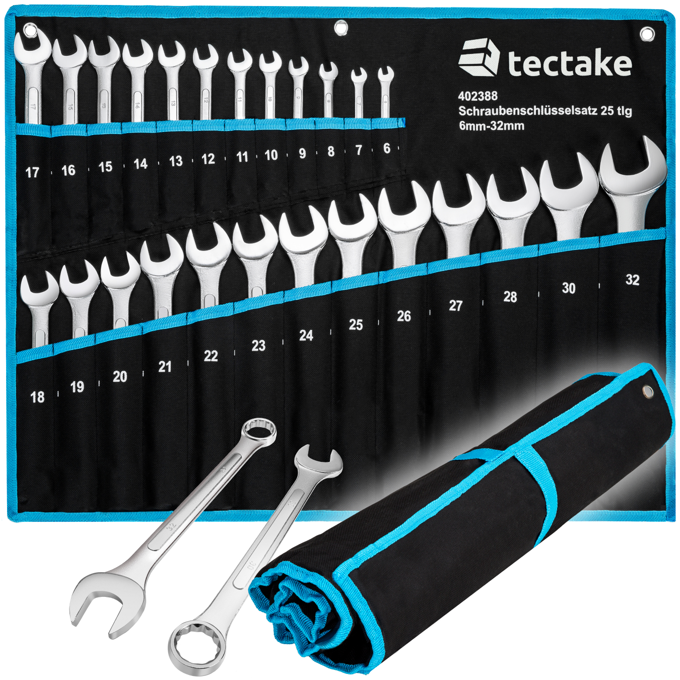Spanner Set - 25-piece extensive selection, 6 - 32 mm, roll bag with eyelets included - black/blue