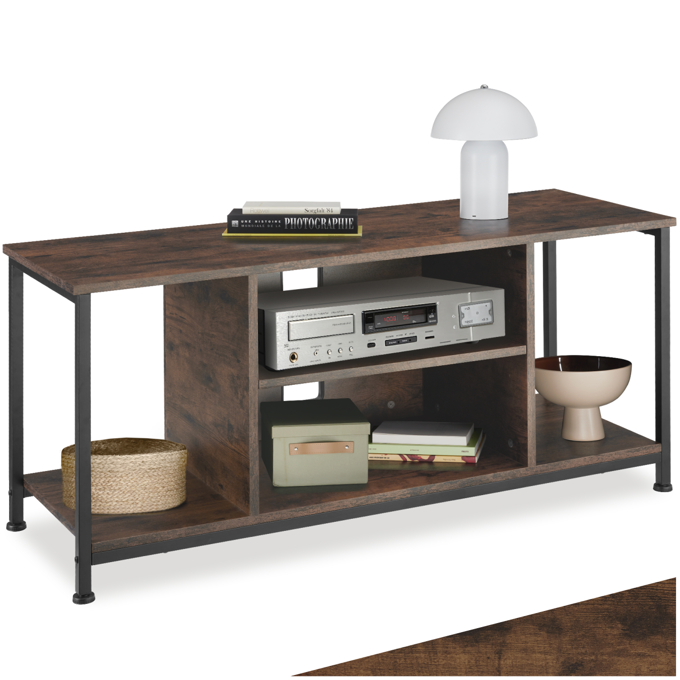 Mueble bajo para televisor con cuatro estantes fijos y uno ajustable en altura - 110 cm, Madera industrial oscura, rústica | tectake