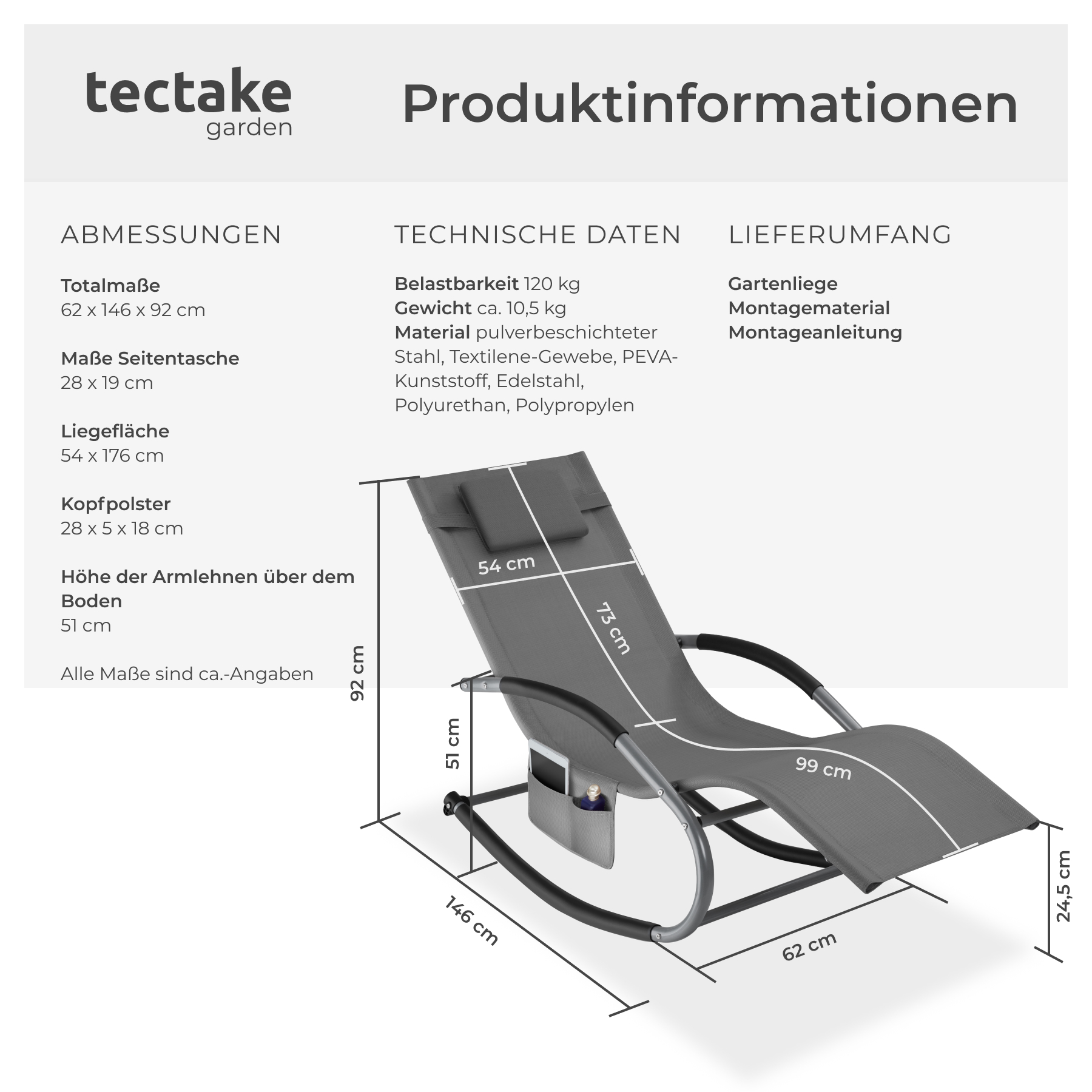 Liege Schwingfunktion Armlehne Sonnenliege Gartenliege Strandliege Outdoorliege
