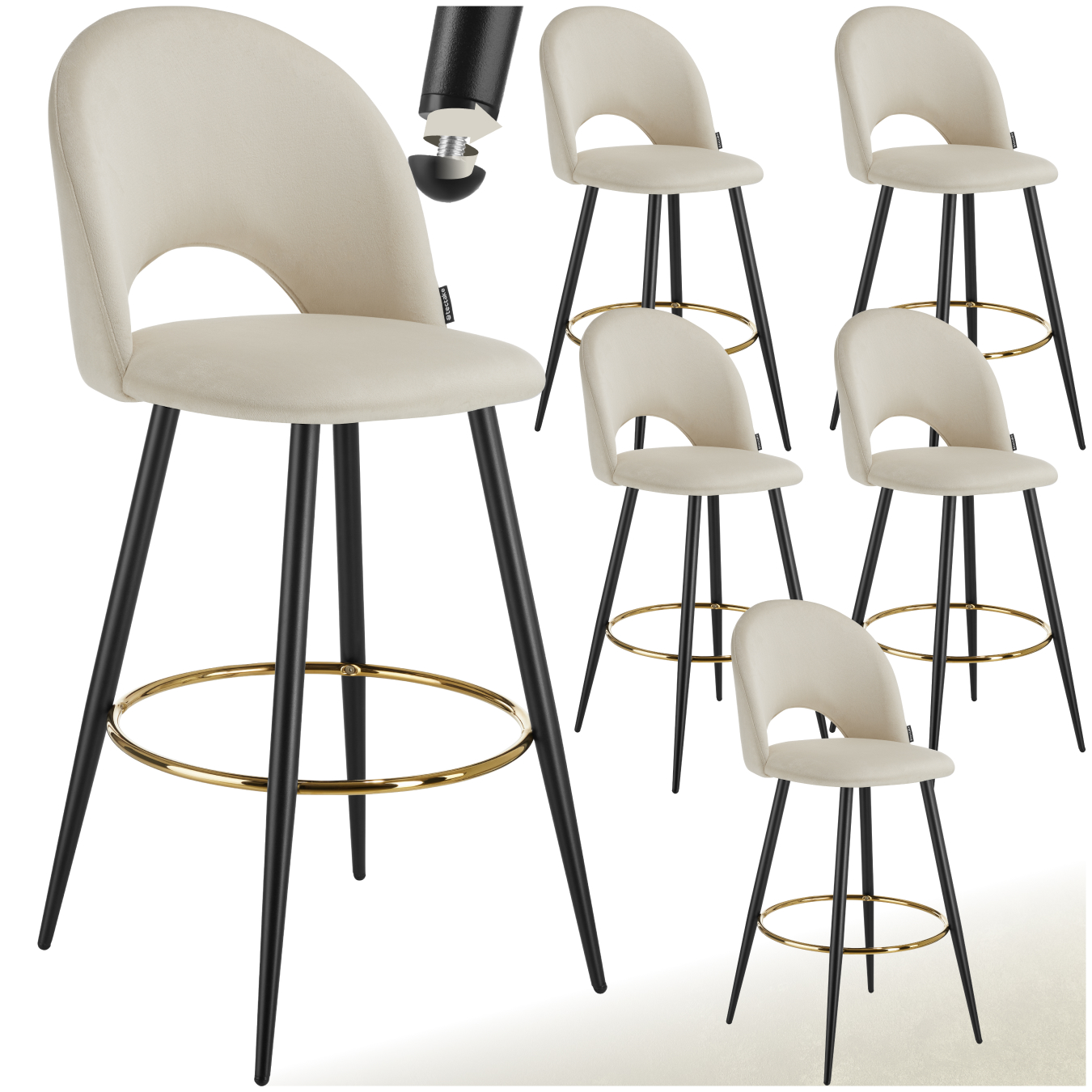 Barkruk Sachel met rugleuning, fluweellook - crème/zwart, Set van 6