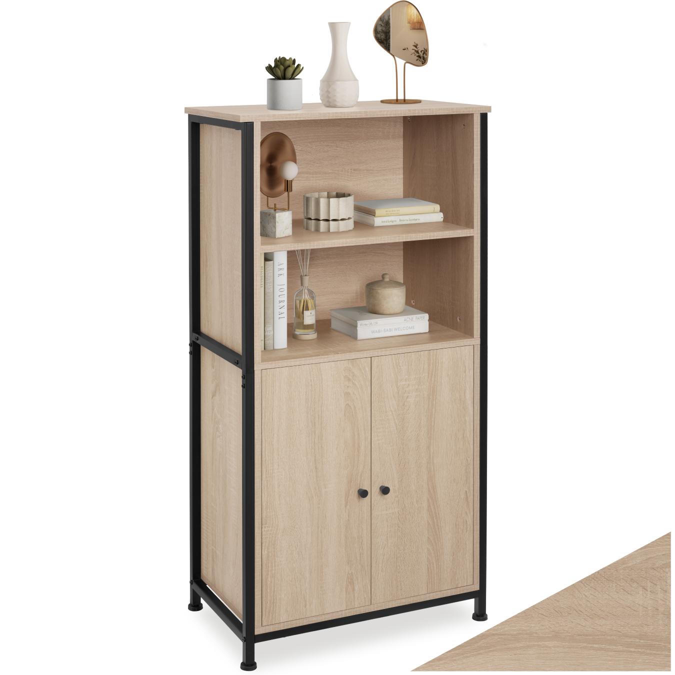 Display Cabinet Doncaster - open shelving, 2 cupboards, adjustable shelves - industrial wood light, oak Sonoma