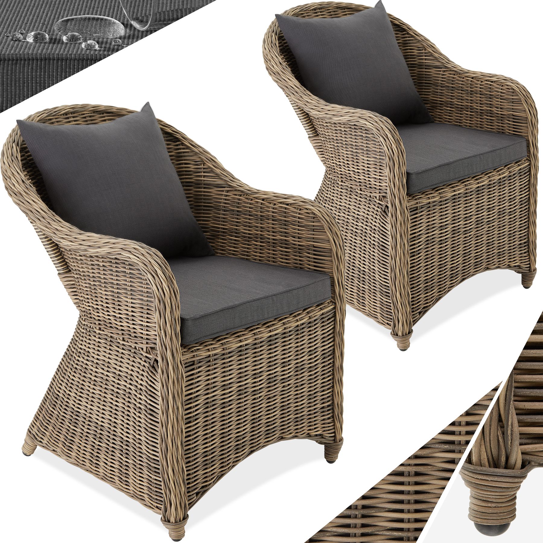 Conjunto de 2 cadeiras de jardim em rattan e alumínio + 2 almofadas - natural