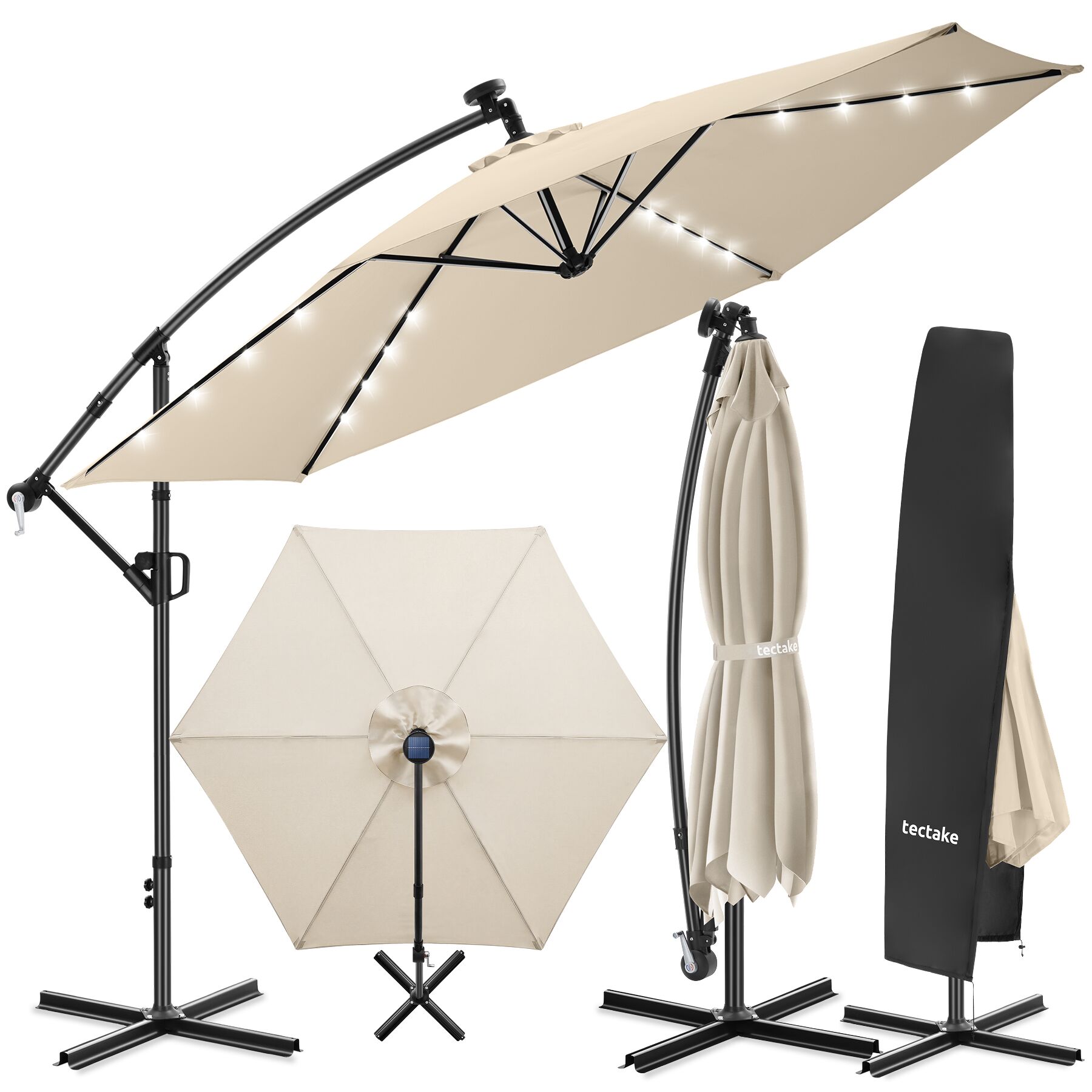Artemis 360° rotating umbrella, LED solar-powered, 3.5 x 3.5 m - beige | tectake