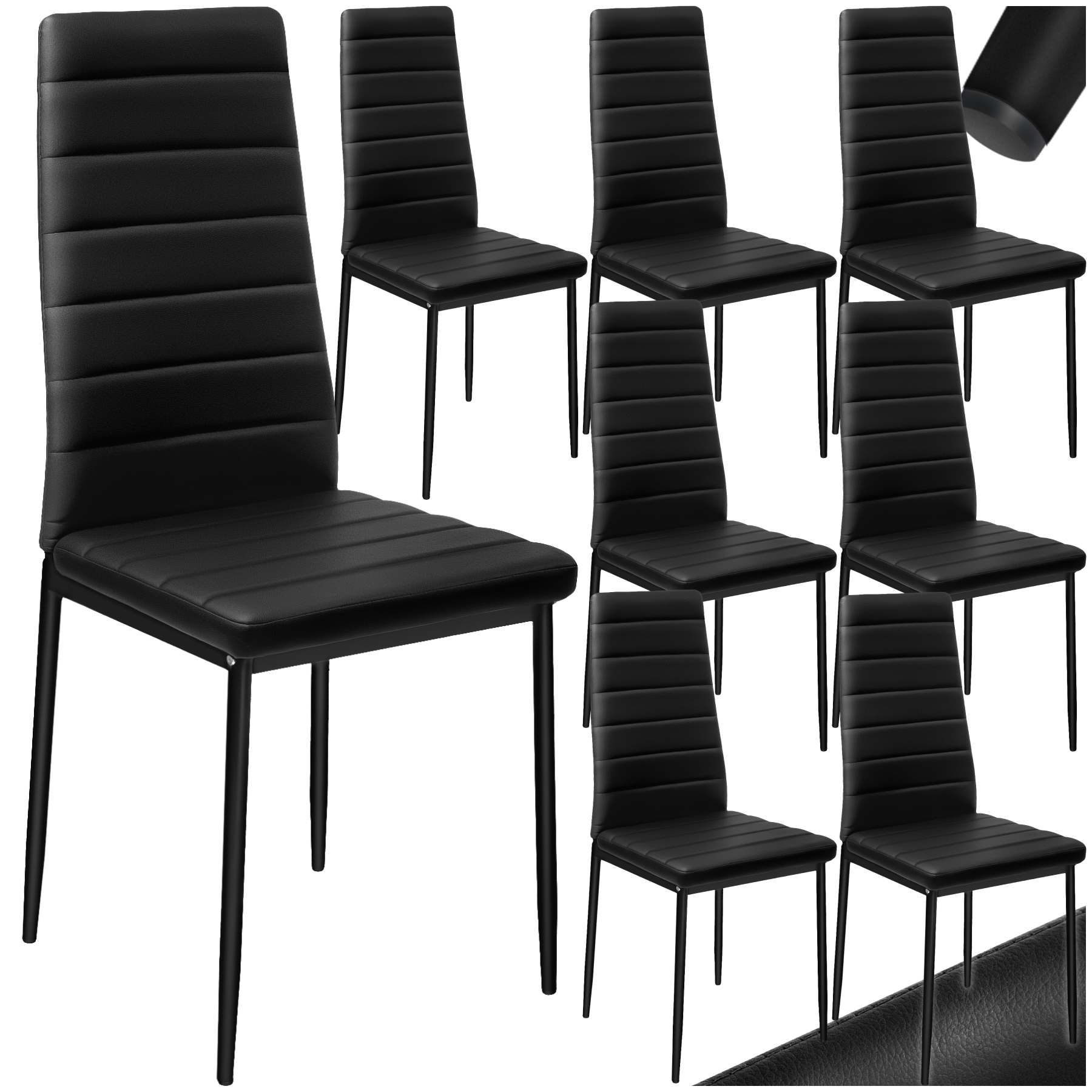 Dining Chairs - high backrest, padded, synthetic leather - black, Set of 8