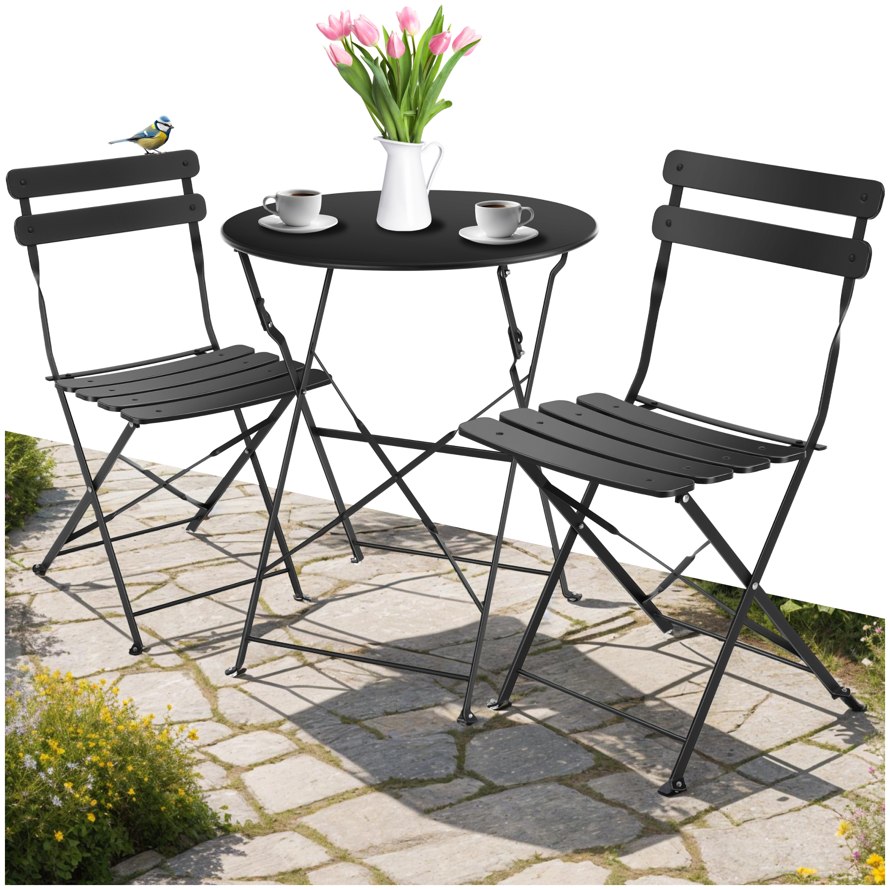 Ensemble table et chaises bistrot Frieda, pliable pour 2 personnes - noir | tectake