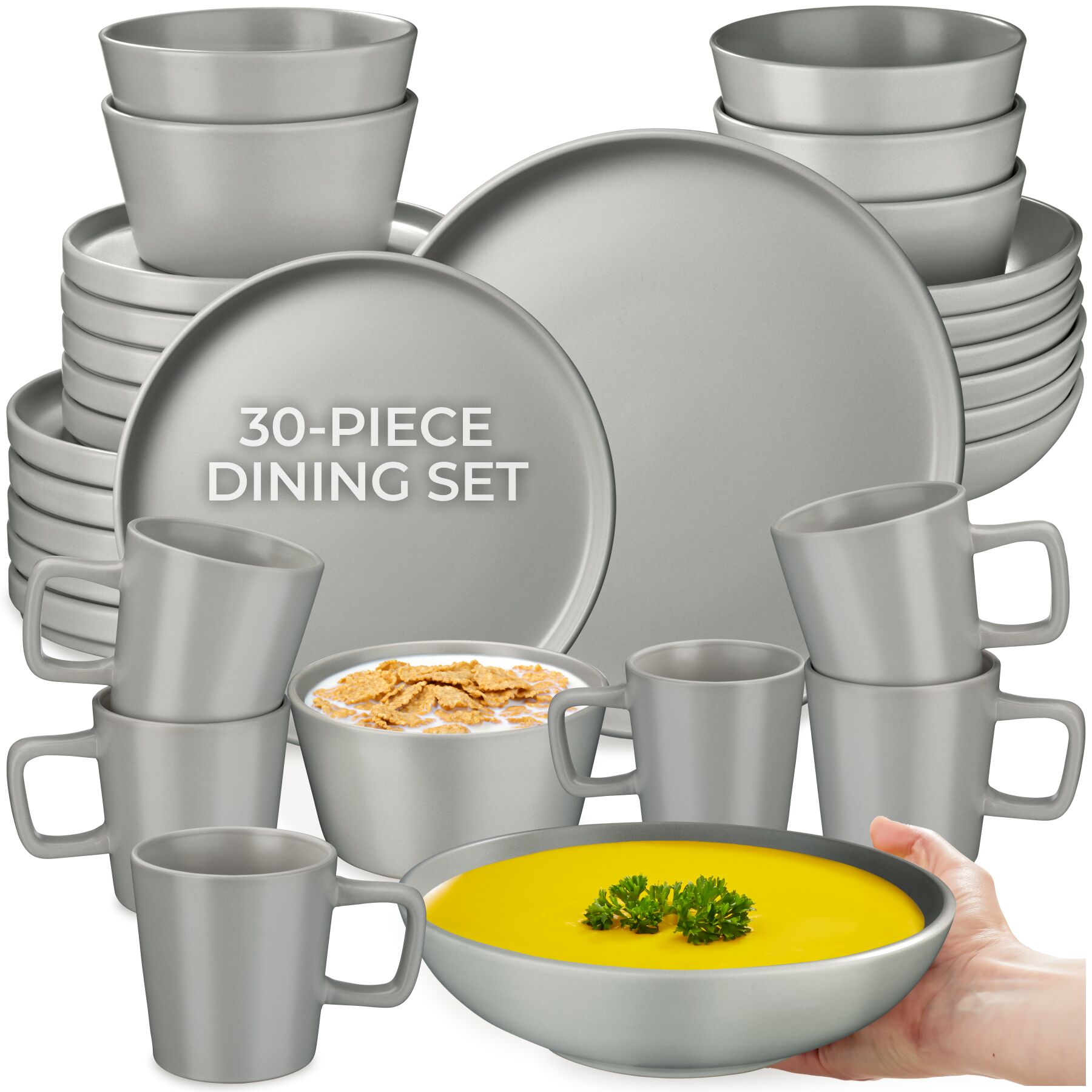 Dinnerware Set Una - dinner set, incl. plates, bowls and mugs, for 6 people - 30 pc, grey | tectake