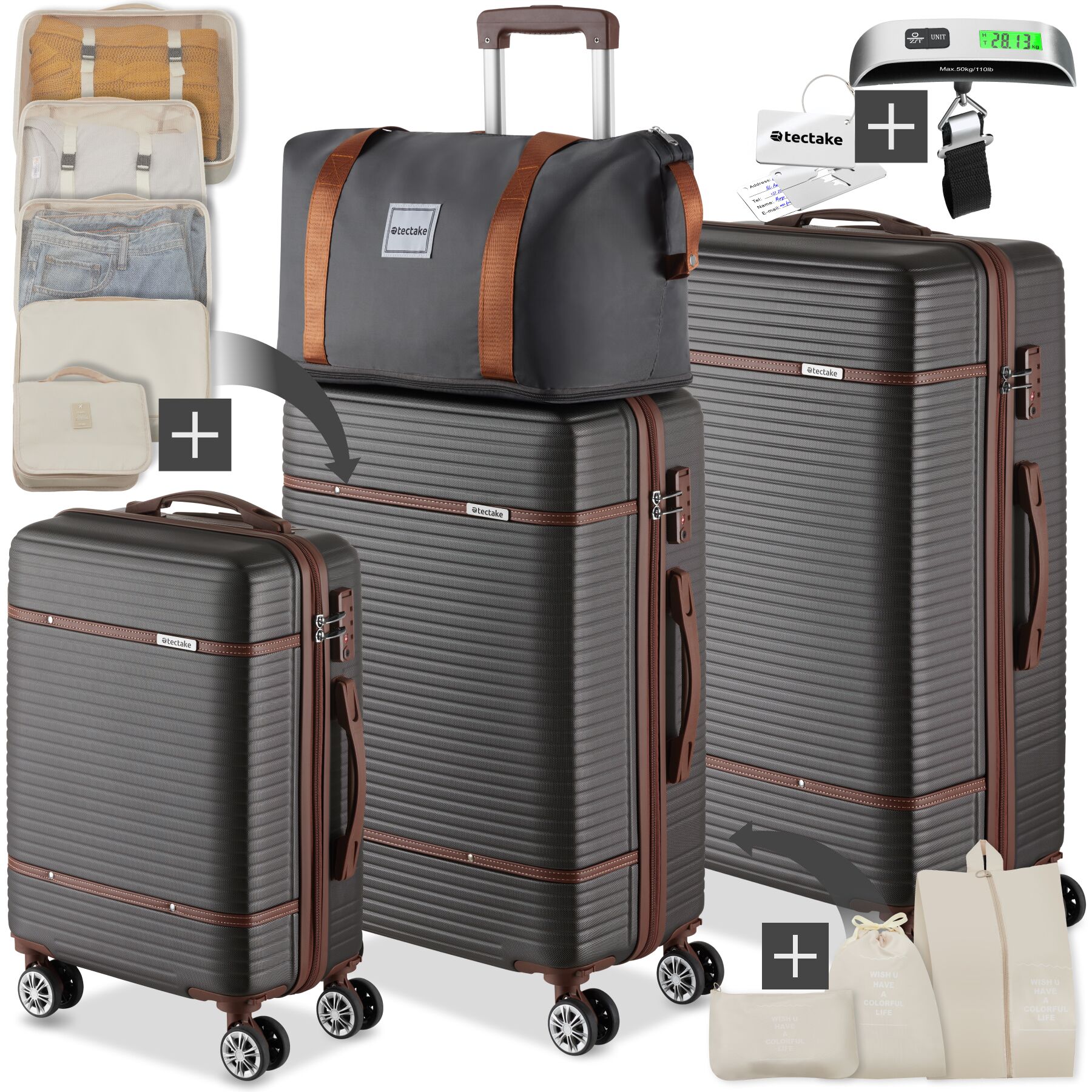 Reiskofferset Madison, 13-delig, TSA-slot - antraciet | tectake