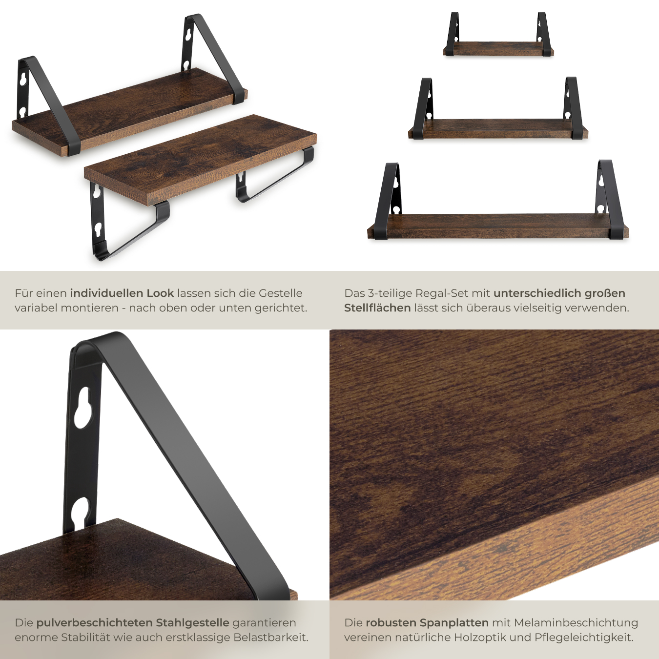 3er Set Hängeregal Wandregal Schweberegal Regal 303540cm Industrie Holz Metall