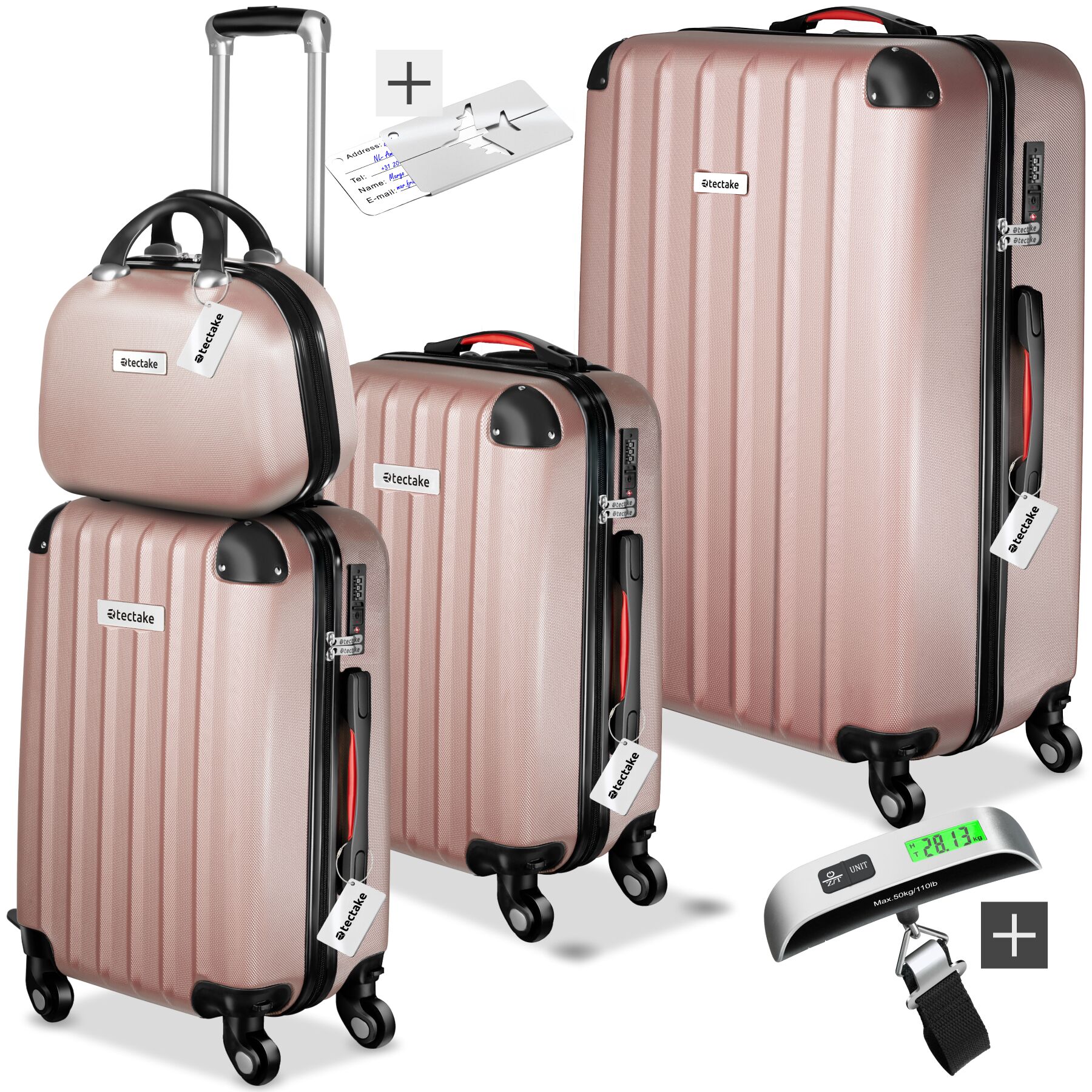 Set di valigie rigide Cleo 4 pezzi con bilancia - rosa dorato | tectake