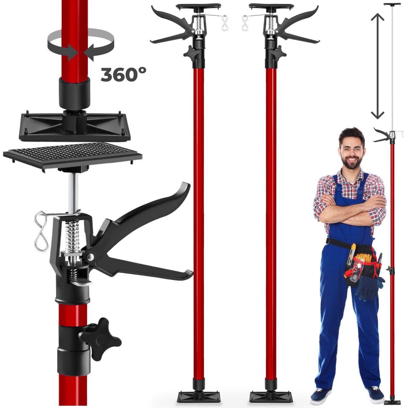 Plasterboard Props Set of 2 - height-adjustable, 115 up to 290cm - red