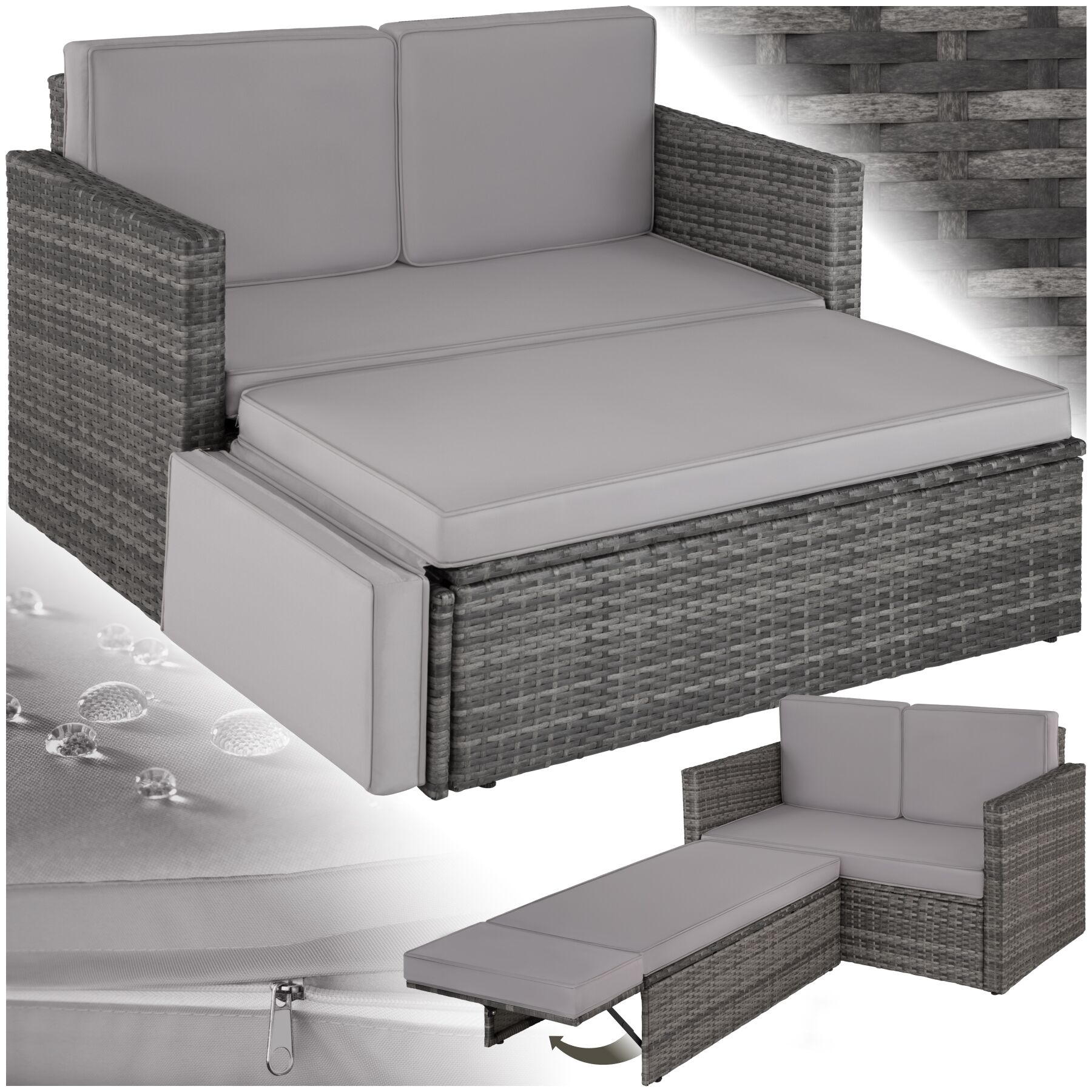 Garden Sofa Corfu - 2 seater sofa, stool sun lounger, thick cushions - grey | tectake