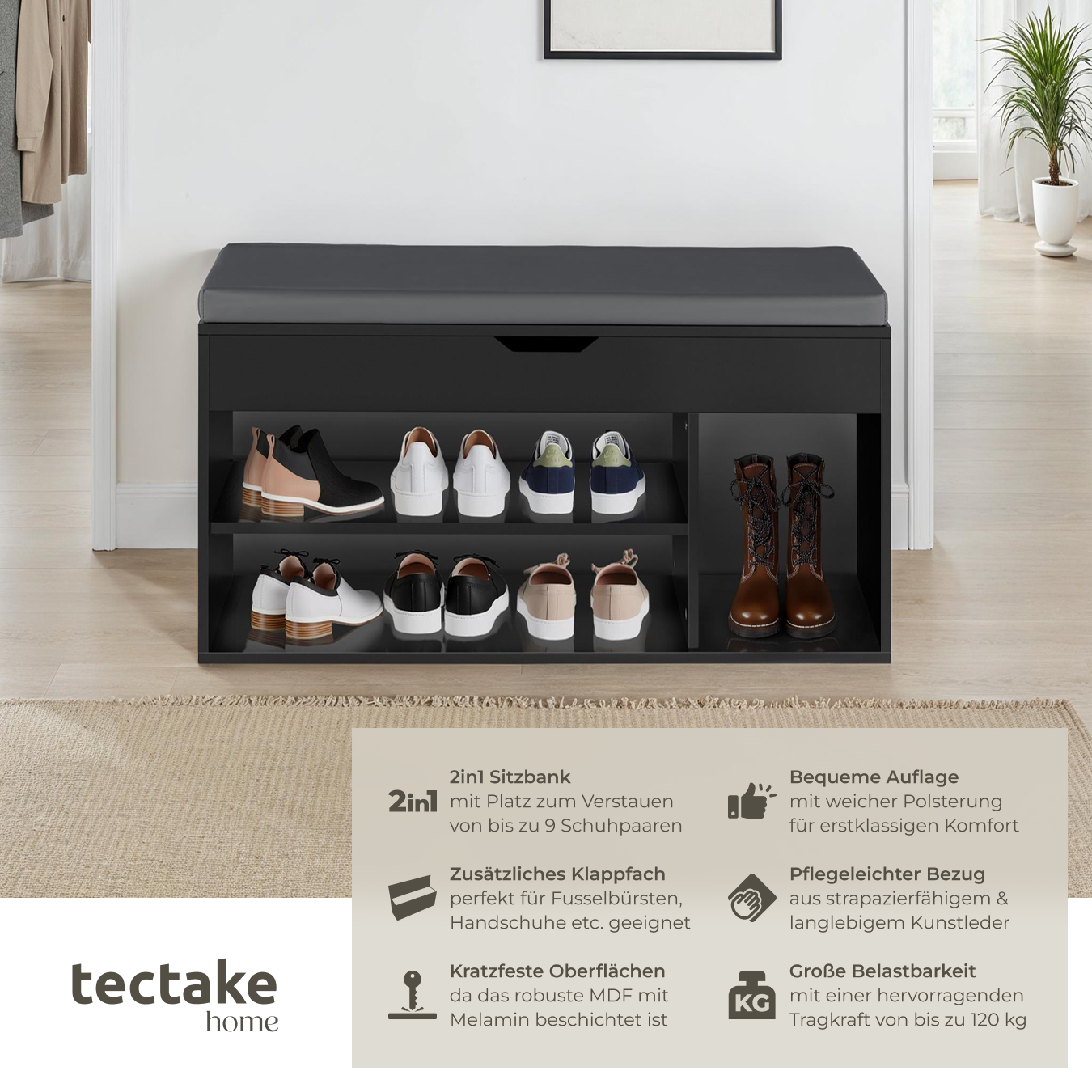 Schuhbank mit Sitzkissen Holz Schuhschrank Schuhregal Sitzfläche Klappfach 104cm - Bild 15 von 37